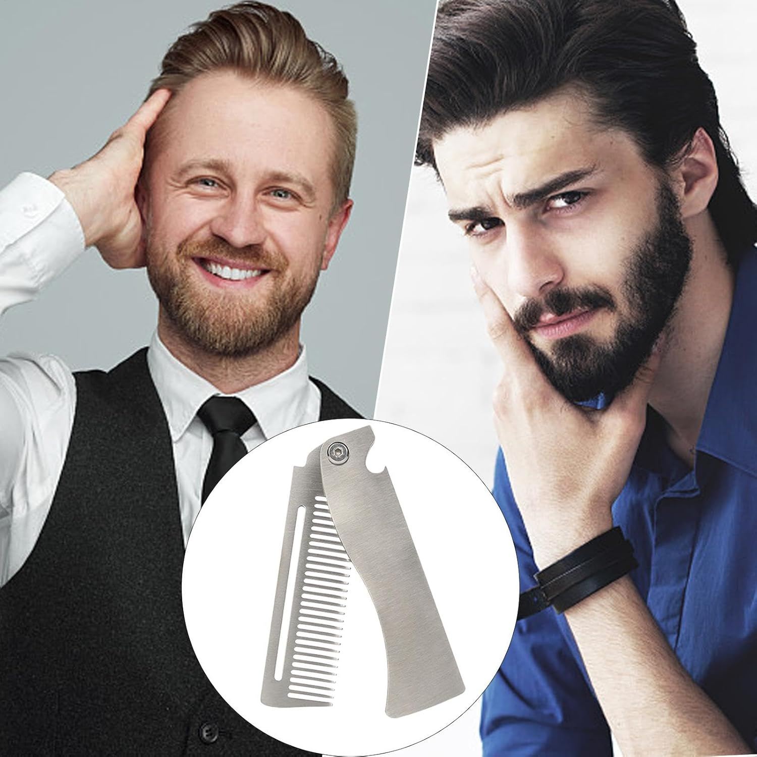 Lyanny Folding Comb for Men, Portable Stainless Steel Comb, Pocket Hairbrush for Men, Hair Straightener for Everyday Grooming Styling, Beard or Mustache