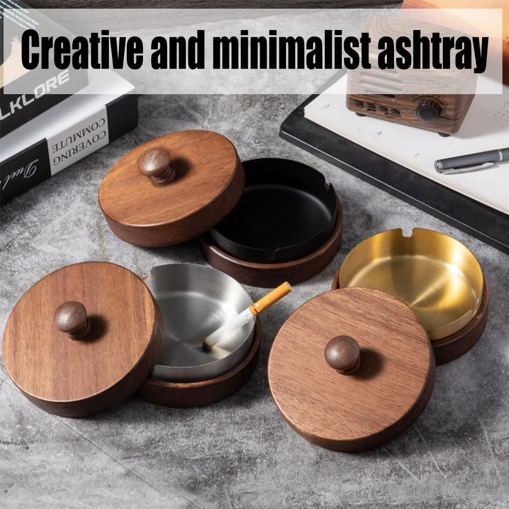 Paifeancodillwooden Ashtray with Lid and Stainless Steel Liner, Portable Ash Tray for Indoor Outdoor Use, Home Office Balcony Parties, Elegant Design (Silvery) image number 1