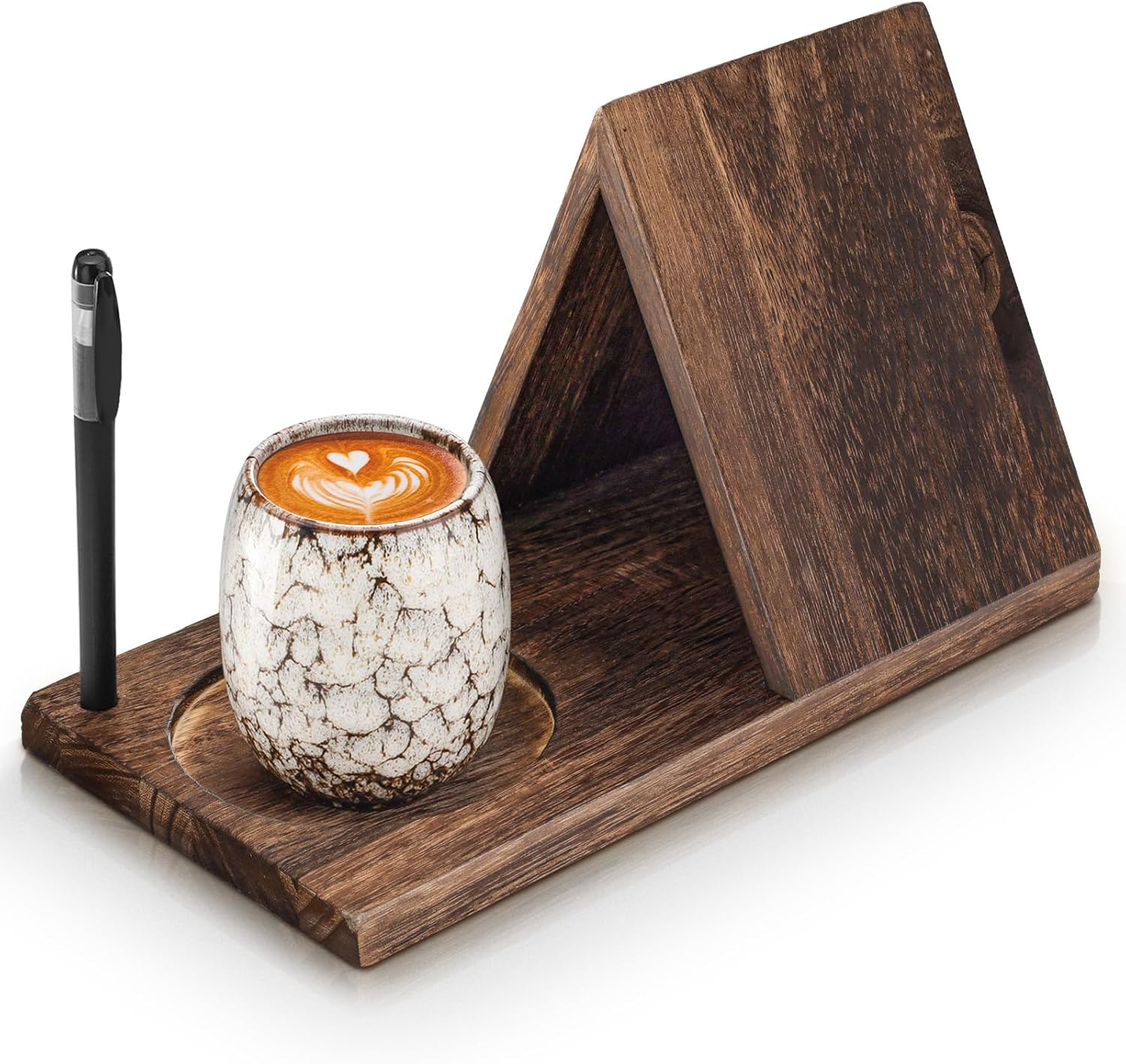 Triangle Wood Book Rest with Cup Holder, Mini Wooden Book Holder Bookcase, Book Stand for Reading, Book Nook Reading Valet for Bedroom Nightstand Office Desk (Brown) image number 1