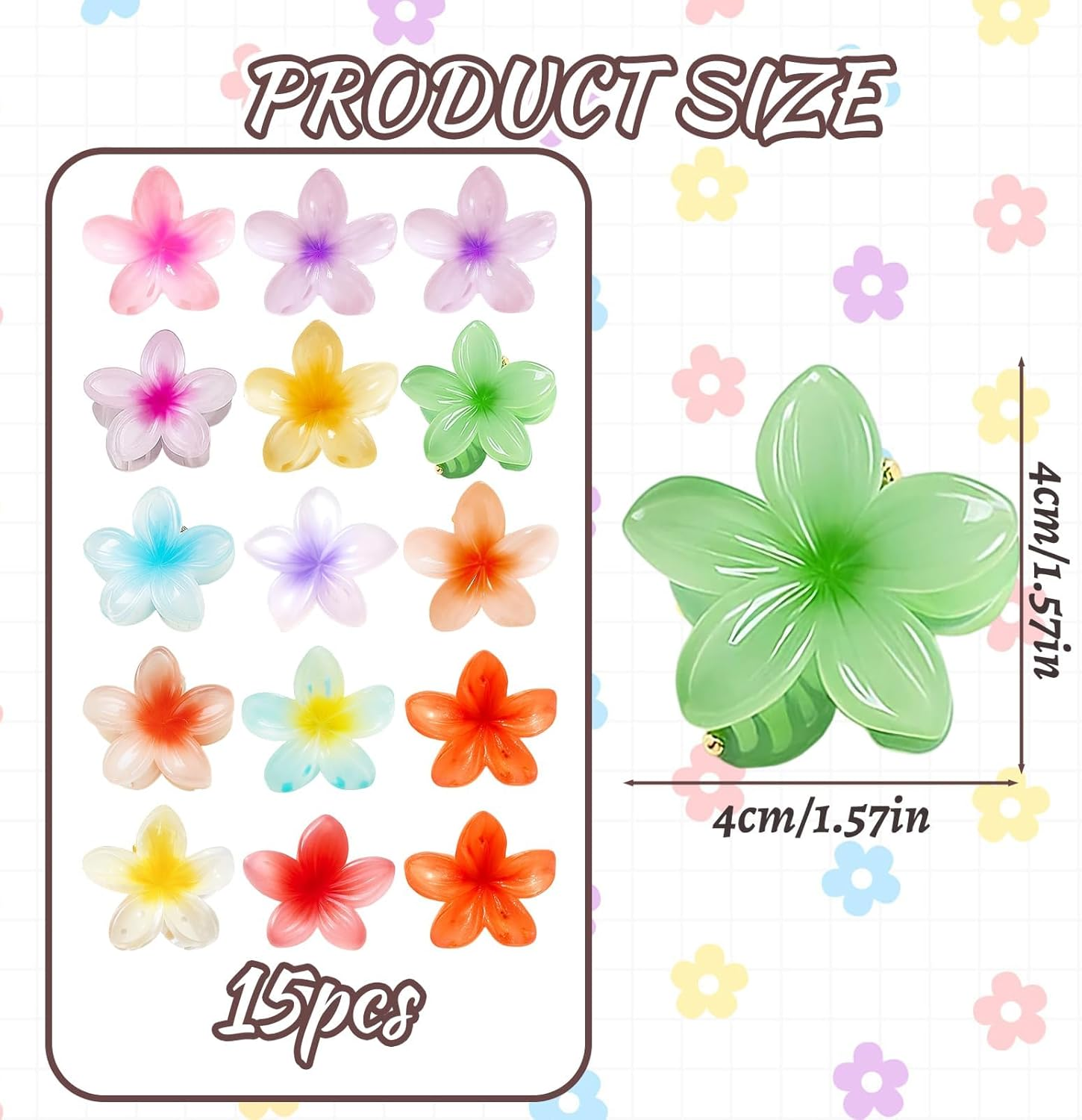 Flower Hair Clips, Flower Clips, Hair Clips, 15 Pieces in 12 Colours, for Thick Hair, Party and Everyday Styling, 4 X 2.5 Cm image number 1