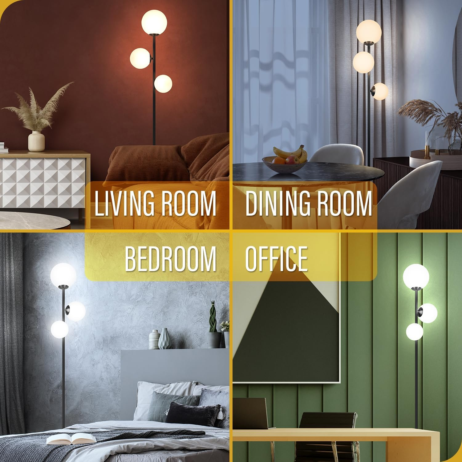 Soilsiu Mid Century Modern Floor Lamp for Living Room, 3 Globe Black Floor Lamp with Frosted Glass Shade, Vintage Standing Tall Floor Lamp for Bedroom, Office - LED Bulbs Included image number 3