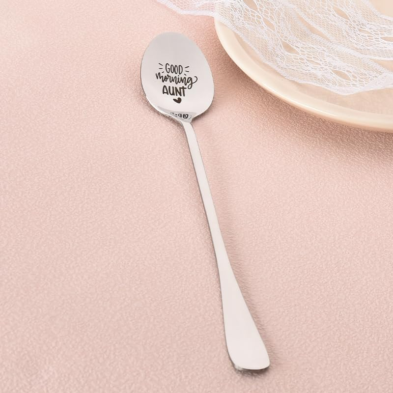 Good Morning Aunt Spoon for Women Aunt Auntie Mothers Day Gifts from Nephew Niece New Future Aunt Birthday Gifts for Auntie Aunty Tea Coffee Spoons for Her Ice-Cream Lovers Aunt Engraved Spoon