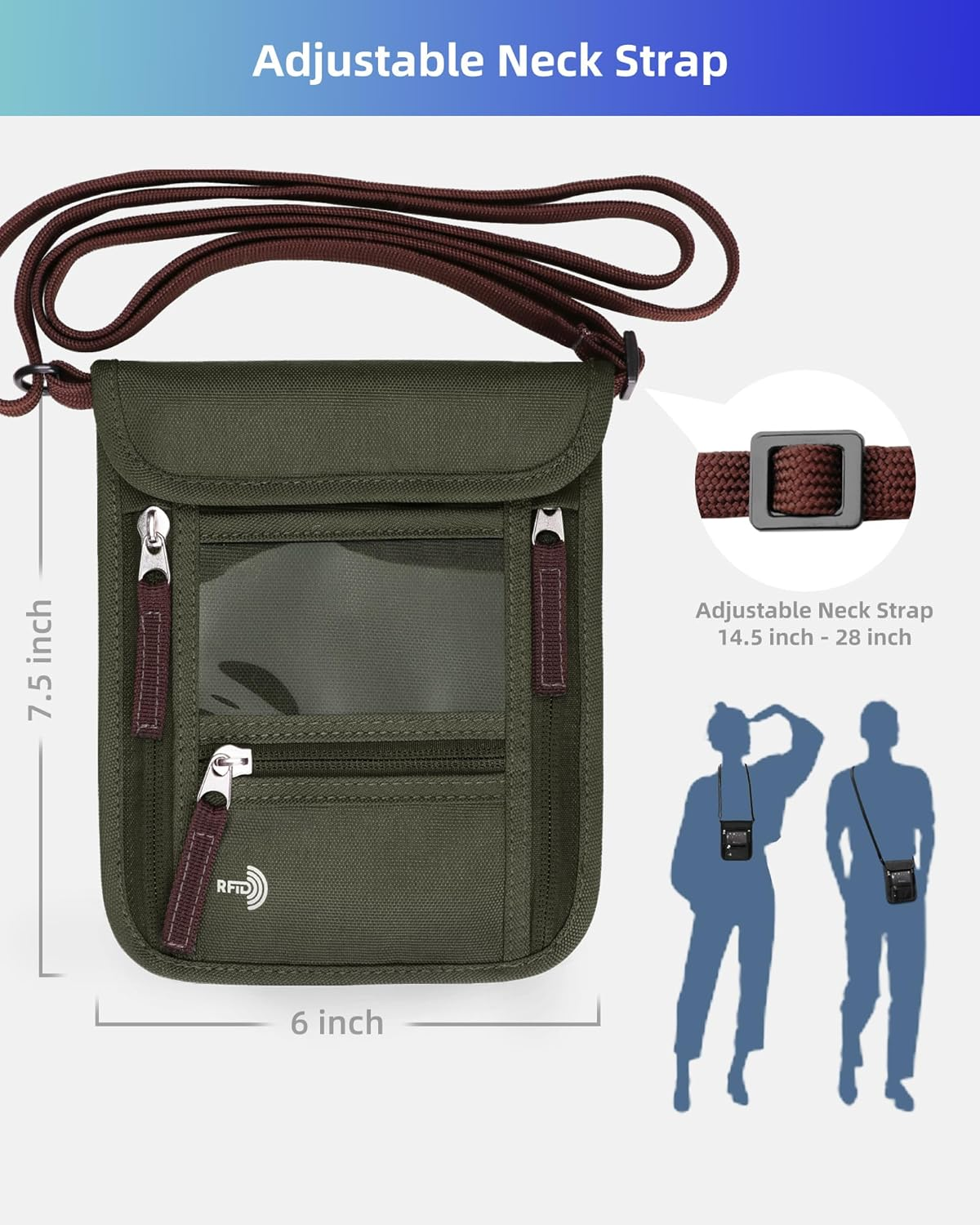 WALNEW Passport Holder Neck Pouch Travel Neck Wallet with RFID Blocking - 7 Pockets with Adjustable Neck Strap to Keep Your Passport Document and Credit Card Safe (Army Green) - Black / Black image number 5