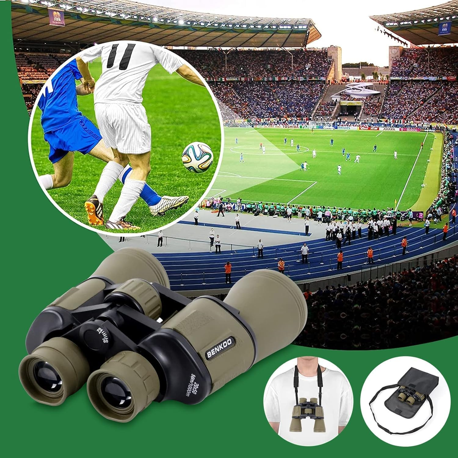 20X50 High Power Binoculars for Adults, HD Waterproof Binoculars with BAK4 Prism & FMC Lens,Portable Binocular Bird Watching Hunting Football Games Cruise with Carrying Bag,Strap,Phone Adapter-Green image number 1