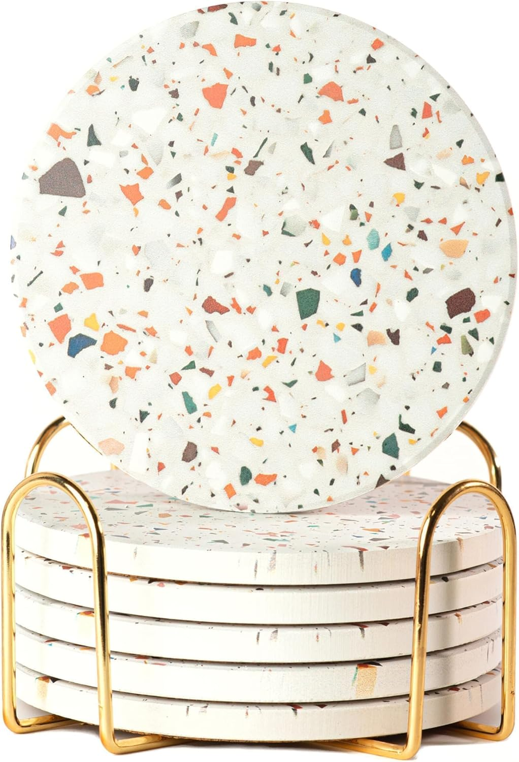 Terrazzo Marble Absorbent Coasters with Holder - Set of 6, Drink Coasters for Coffee Table - Black image number 5