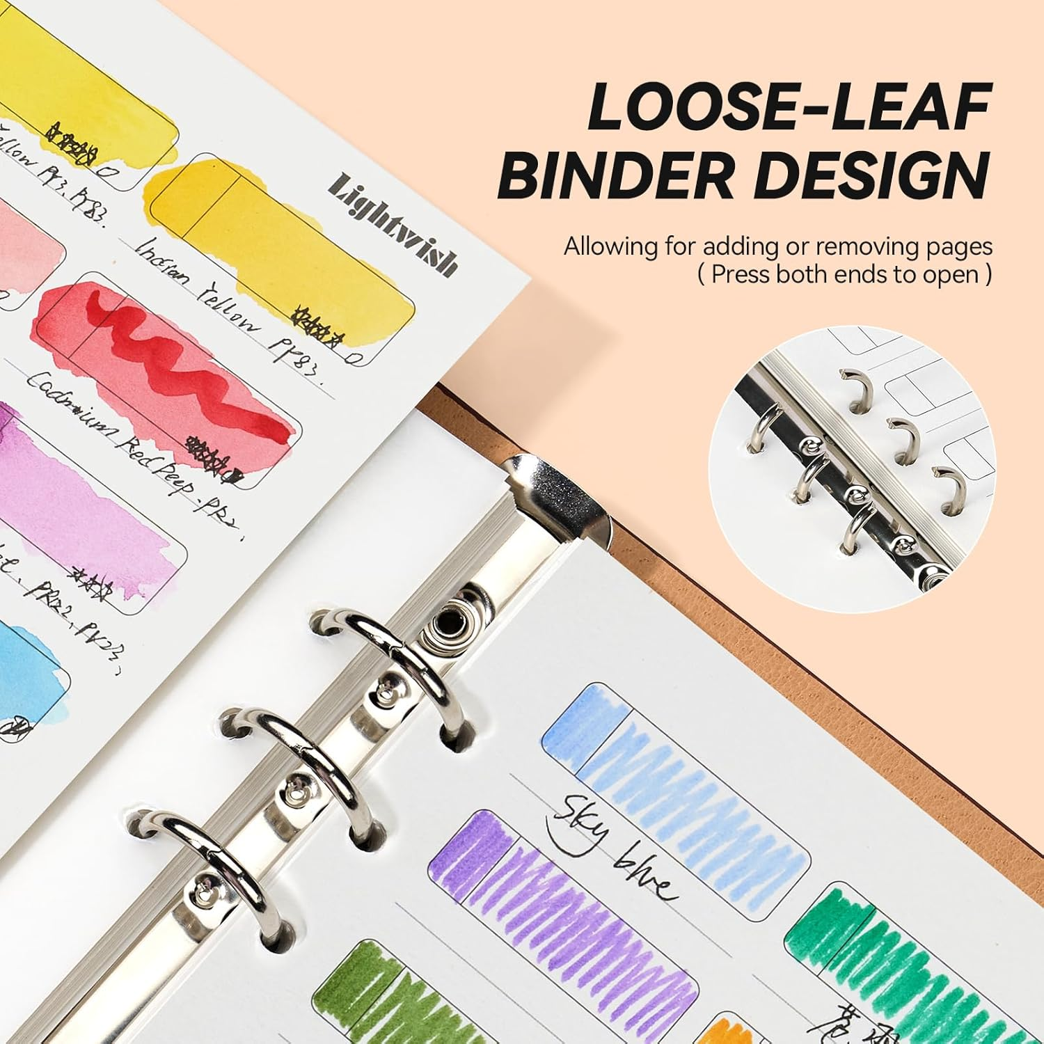 LIGHTWISH Watercolor Swatch Book - 20 Detachable 100% Cotton Sheets 24 Spaces,5.5 * 7.8 In,300Gsm/140Lb Hot Press for Watercolor, Gouache, Oil Pastels - Spiral-Bound Color Testing Journal image number 6