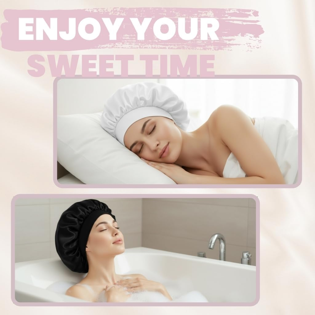 Black Silk Bonnet for Women Curly Hair Cover Satin Bonnets for Sleeping Large Satin Sleep Cap Head Cover Wide Band Silk Night Hats image number 4