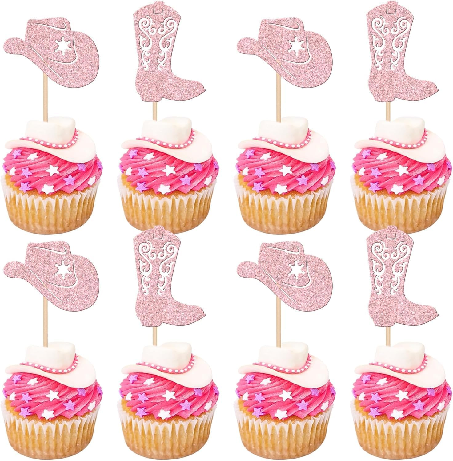 SYKYCTCY 24 Pack Cowboy Cupcake Toppers Glitter Hat Boot Cupcake Picks Western Cowboy Birthday Cake Decorations for Western Theme Baby Shower Birthday Party Supplies (Pink) - Brown image number 6