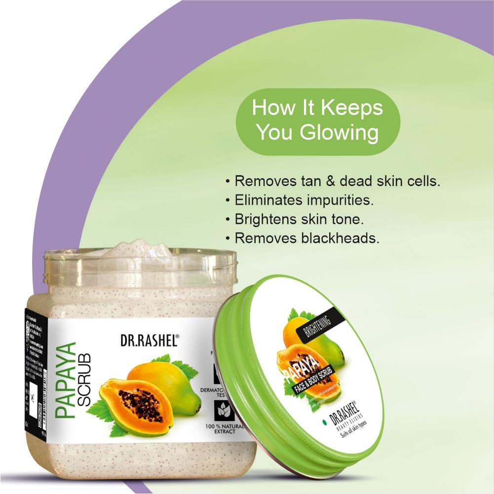 DR.RASHEL Scrub for Face & Body (Papaya Scrub, 380 ML) | All Skin |Cleanser Scrub for Deep Exfoliation | Dead Skin Remover Scrub | Tan Removal | Blackhead Remover Scrub | Face Scrub | Body Scrub image number 4