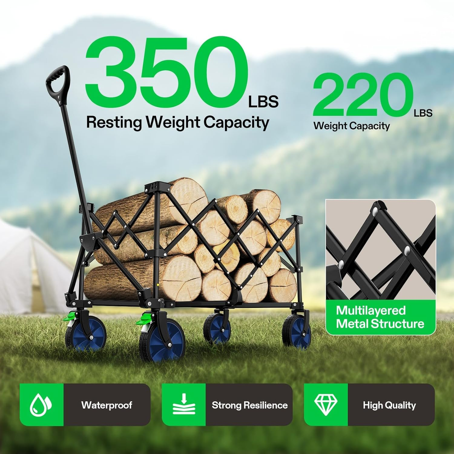 VIVOSUN Heavy Duty Folding Collapsible Wagon Utility Outdoor Camping Cart with Universal Wheels & Adjustable Handle, Blue - Grey image number 4