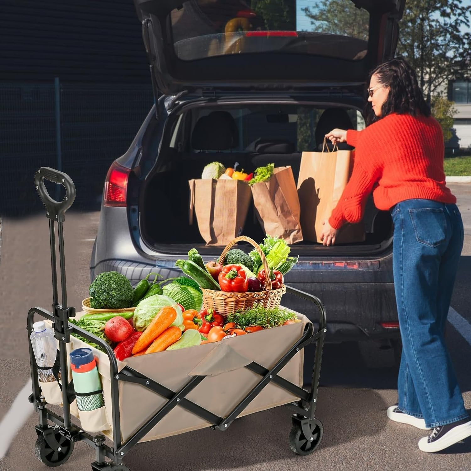 Collapsible Wagon Cart, Ultra-Large Wagons Carts Foldable, Heavy Duty Folding Wagon with Wheels, Utility All Terrain Wagon for Groceries, Garden, Sports, Beach, Shopping,(Beige) 330Lbs image number 5