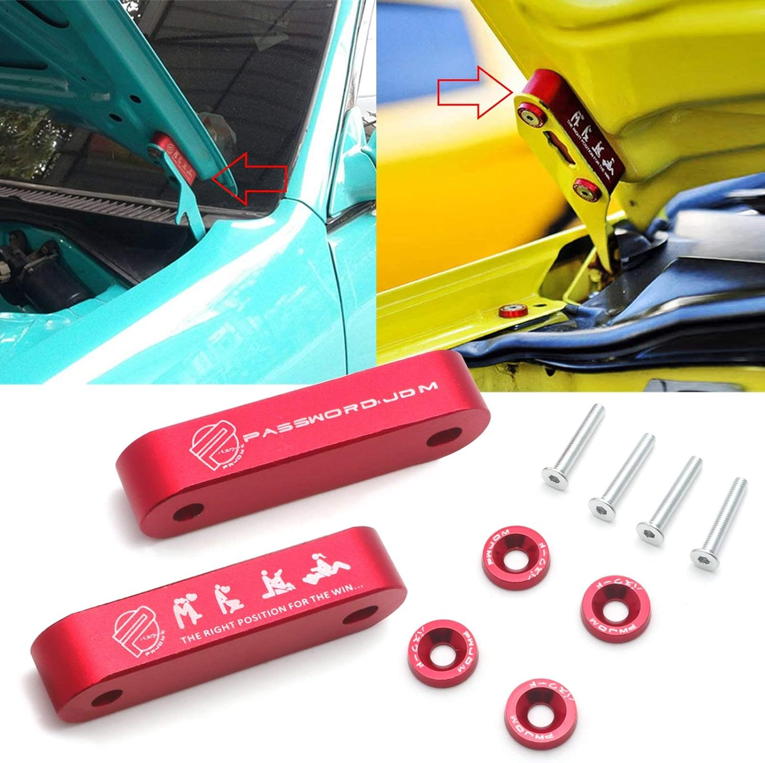 X Xotic Tech JDM Front Hood Vent Space Riser Spacer Modification Kit, Aluminum Alloy Billet Compatible with Honda Civic CRX, Acura Integra (Red) image number 2