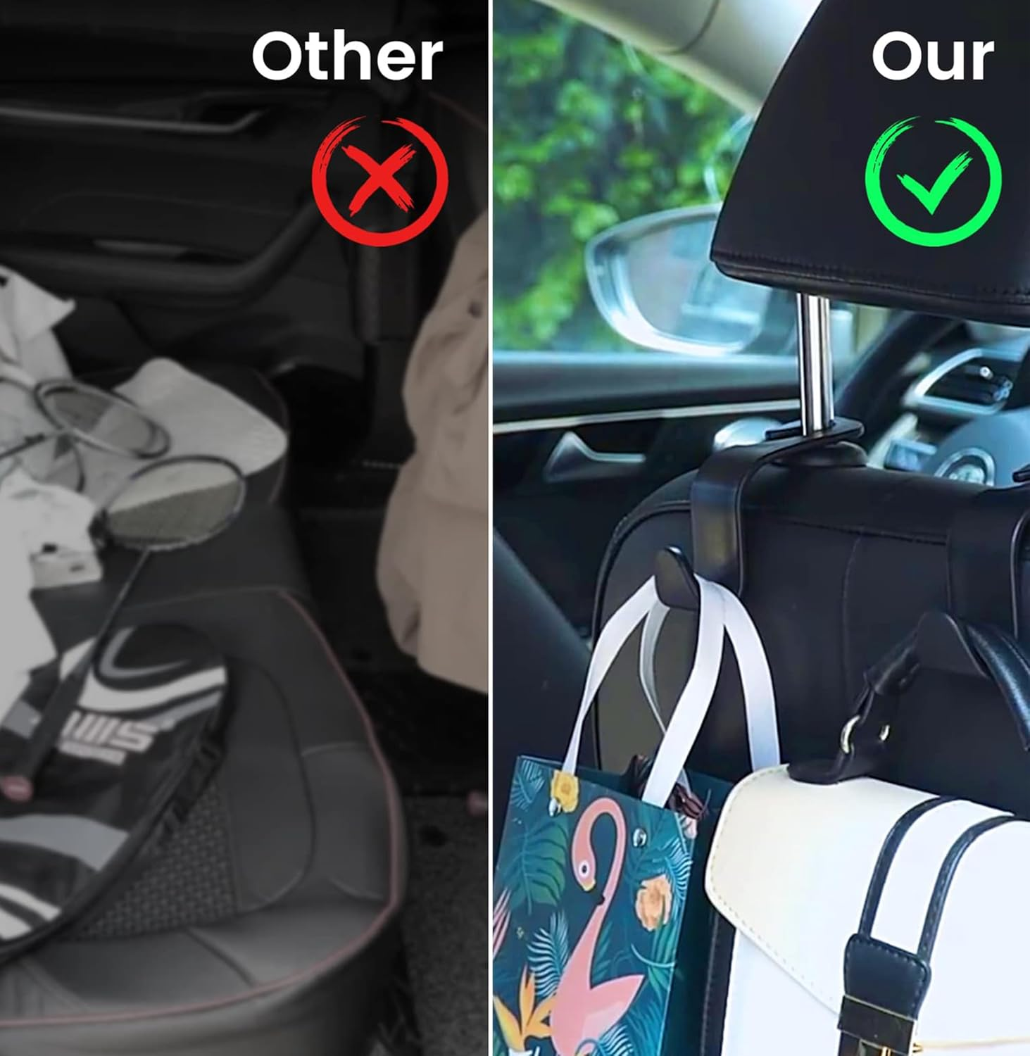 Heatunk 4-Pack Heavy-Duty Car Seat Headrest Hooks - Space-Saving Black Purse and Bag Holders for Vehicles image number 2