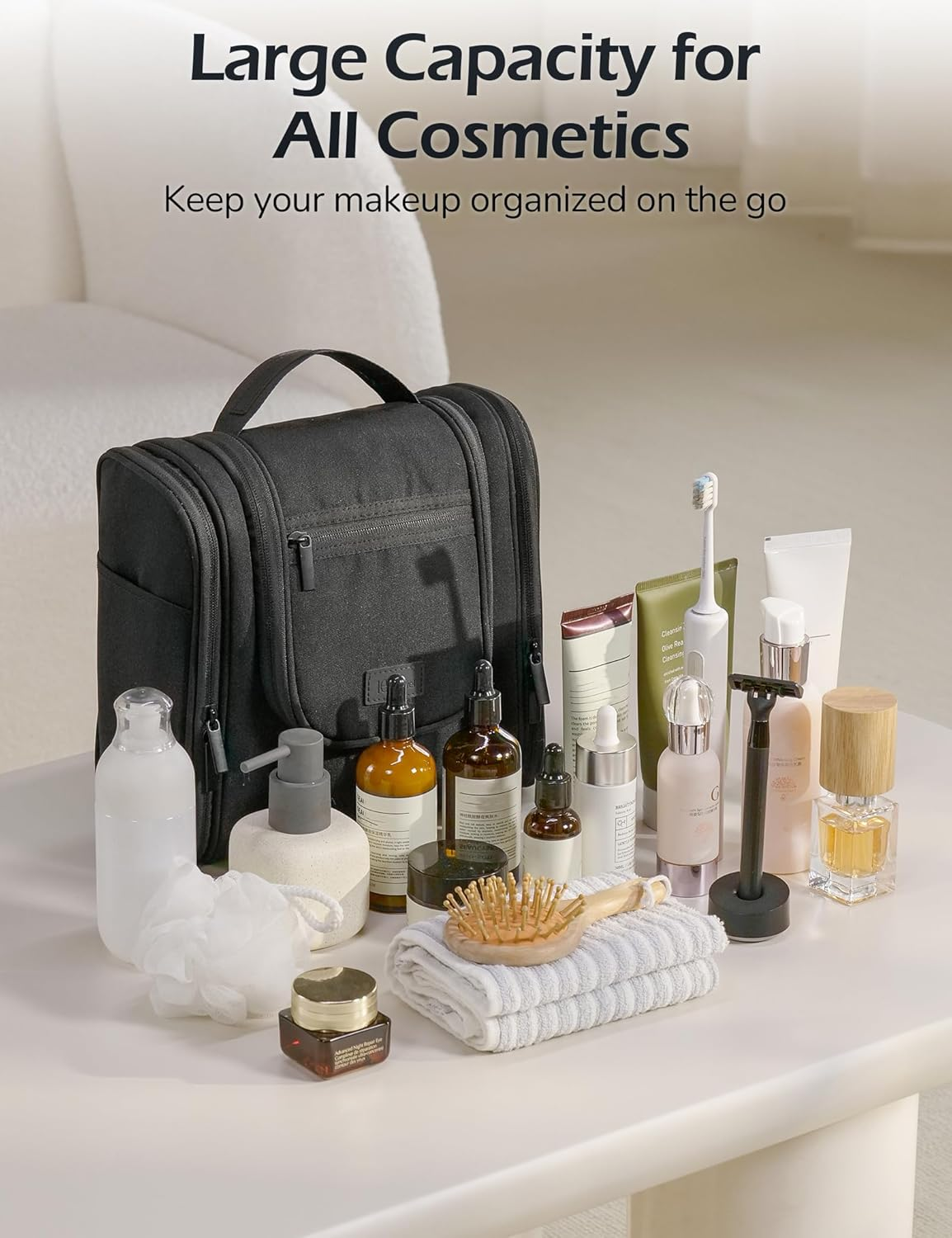 Travel Toiletry Bag for Women and Men, Travel Makeup Bag with Hanging Hook, Large Capacity Water-Resistant Organizer, Cosmetic Bathroom Travel Bag for Toiletries Accessories, Shampoo (Black)