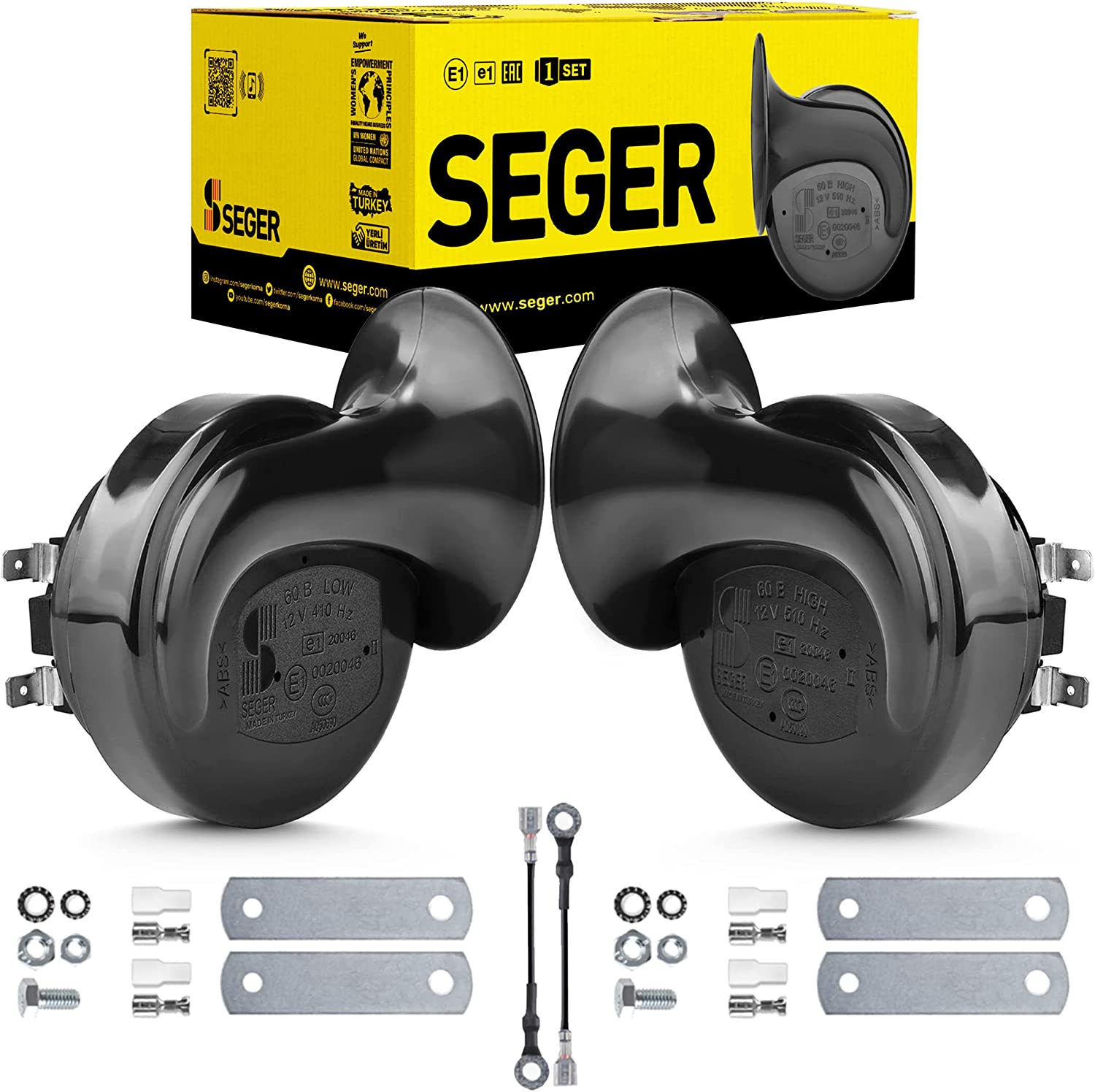 SEGER Trumpet Car Horn Set - Truck Horn - Waterproof - High/Low Tone, 12 Volt, Universal Fit - Original 60B Series &ndash; European Made 12V Loud Car Horns with Brackets and Assembly Kit