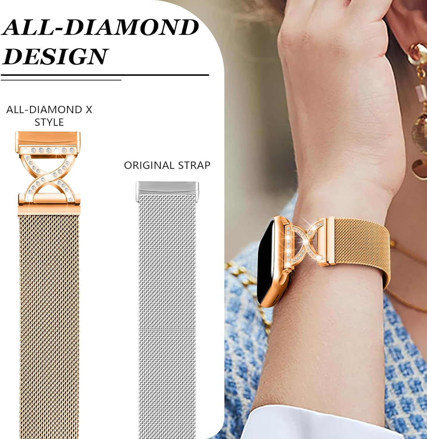 HAYONLIY X-Shape Diamond Metal Band Compatible with Fitbit Versa 4/Fitbit Versa 3/Fitbit Sense 2/Fitbit Sense,Stainless Steel Magnetic Mesh Adjustable Strap for Women image number 4