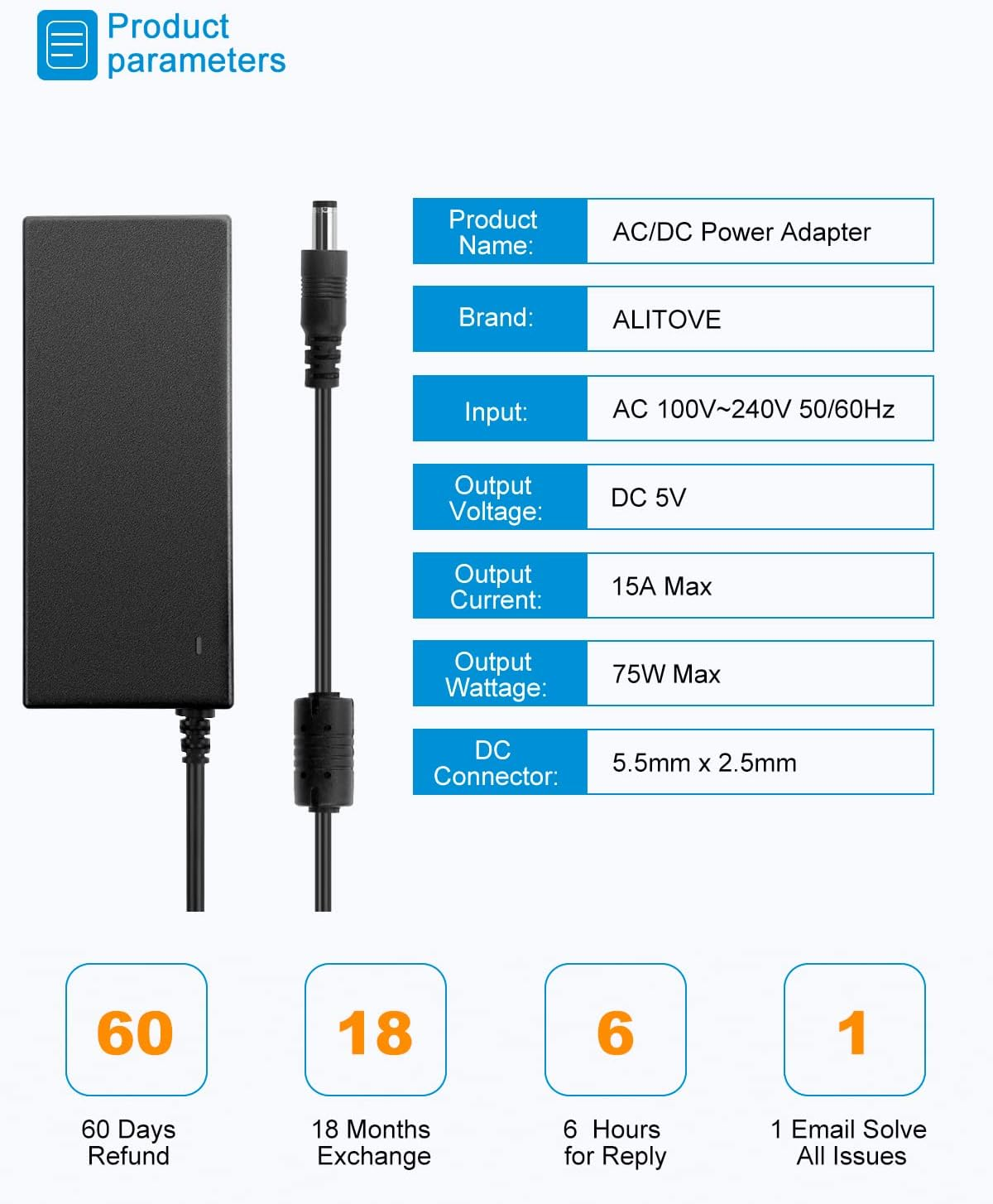 ALITOVE Power Supply 5V 15A AC/DC Adapter 5V Power Supply 75W Transformer Converter 5.5 X 2.5Mm Plug LED Power Supply DC 5V AC 100V-240V for WS2811 2801 WS2812B LED Strip Pixel Light CCTV Camera image number 2