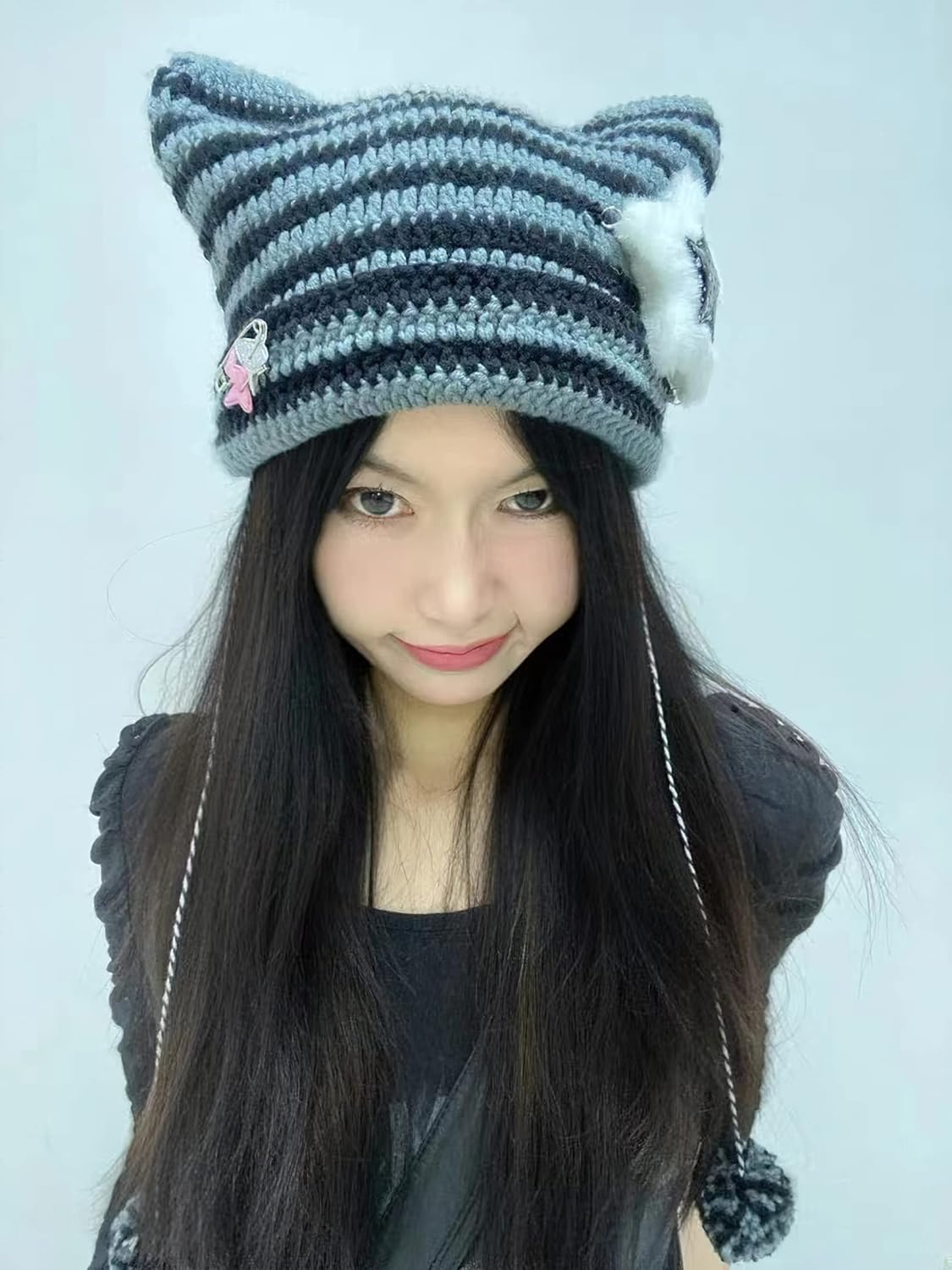 Y2K Beanies Vintage Grunge Crochet Hats for Women Kawaii Cute Fox Cat Knitted Hat Y2K Accessories for Teen Girls - Khaki image number 3