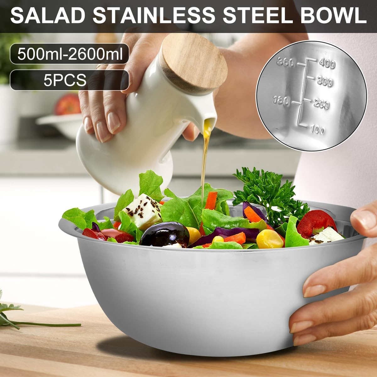 Stainless Steel Mixing Bowl Set of 5 with Measurement Markers Multipurpose Soup Basin 5 Sizes Space Saving Nesting Bowls Metal Kitchen Bowl for Baking Food Storage (0.5L,0.8L,1.55L,2.1L,2.6L) image number 1