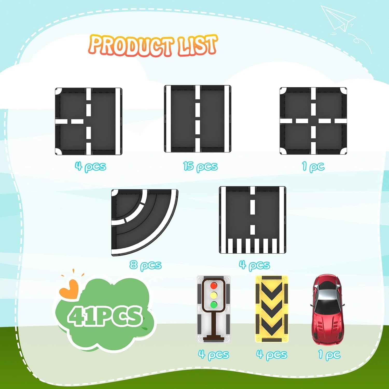 Magnetic Tiles Road Set 41 PCS, Magnetic Building Blocks with Car for Toddler Kids Toys, Montessori Educational Toys 3+ Year Old Boys & Girls Gifts image number 5