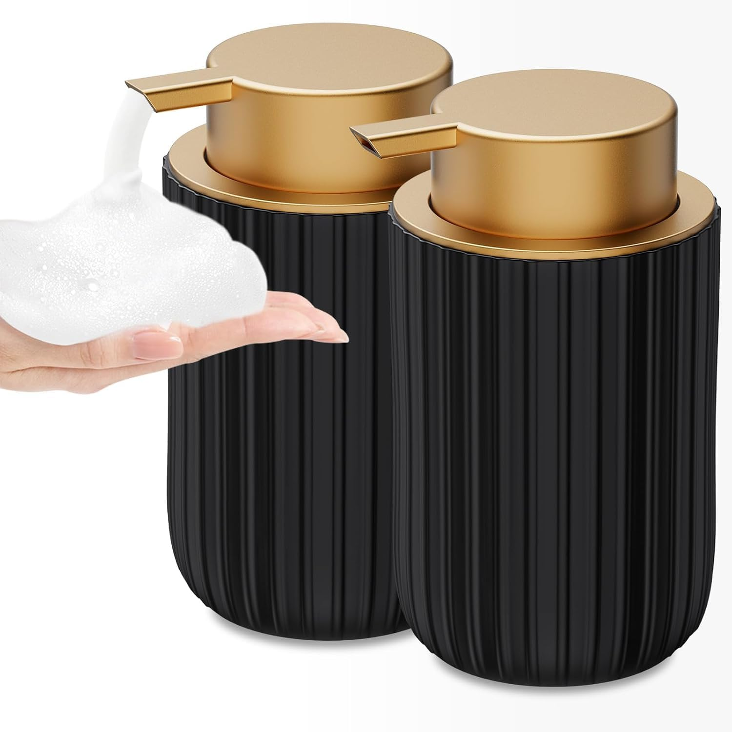 2 Pack Foam Soap Dispenser - 12 Oz Beige Ceramic Foaming Soap Dispenser for Bathroom, Hand Wash Dispenser Bottle with Foaming Pump, Striped Refillable Dish Soap Dispenser for Kitchen(Black) image number 3