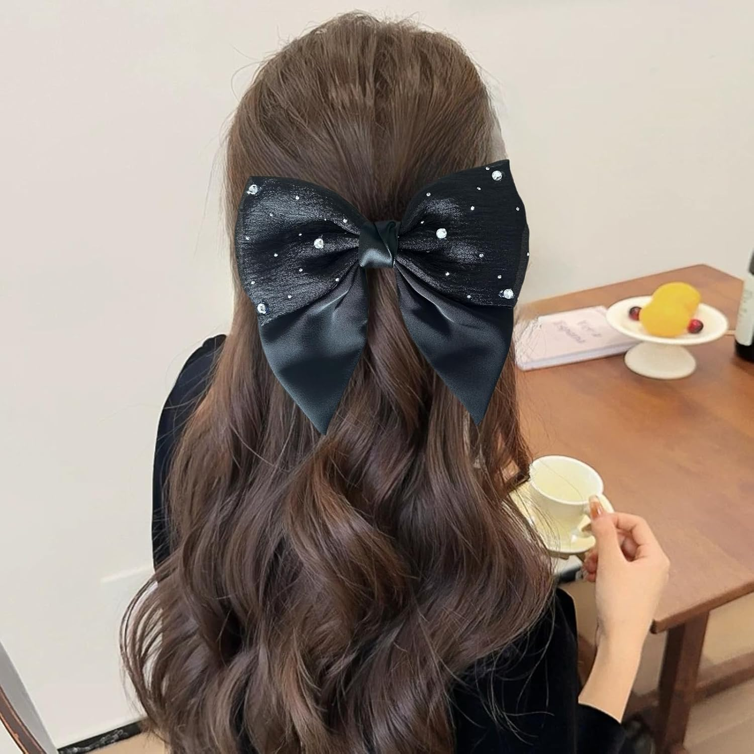 Ypkia Pack of 2 Hair Bow Rhinestone Women'S Hair Clips with Bow Fabric Satin Hair Bows Hair Clips for Women Girls (Black + Beige)