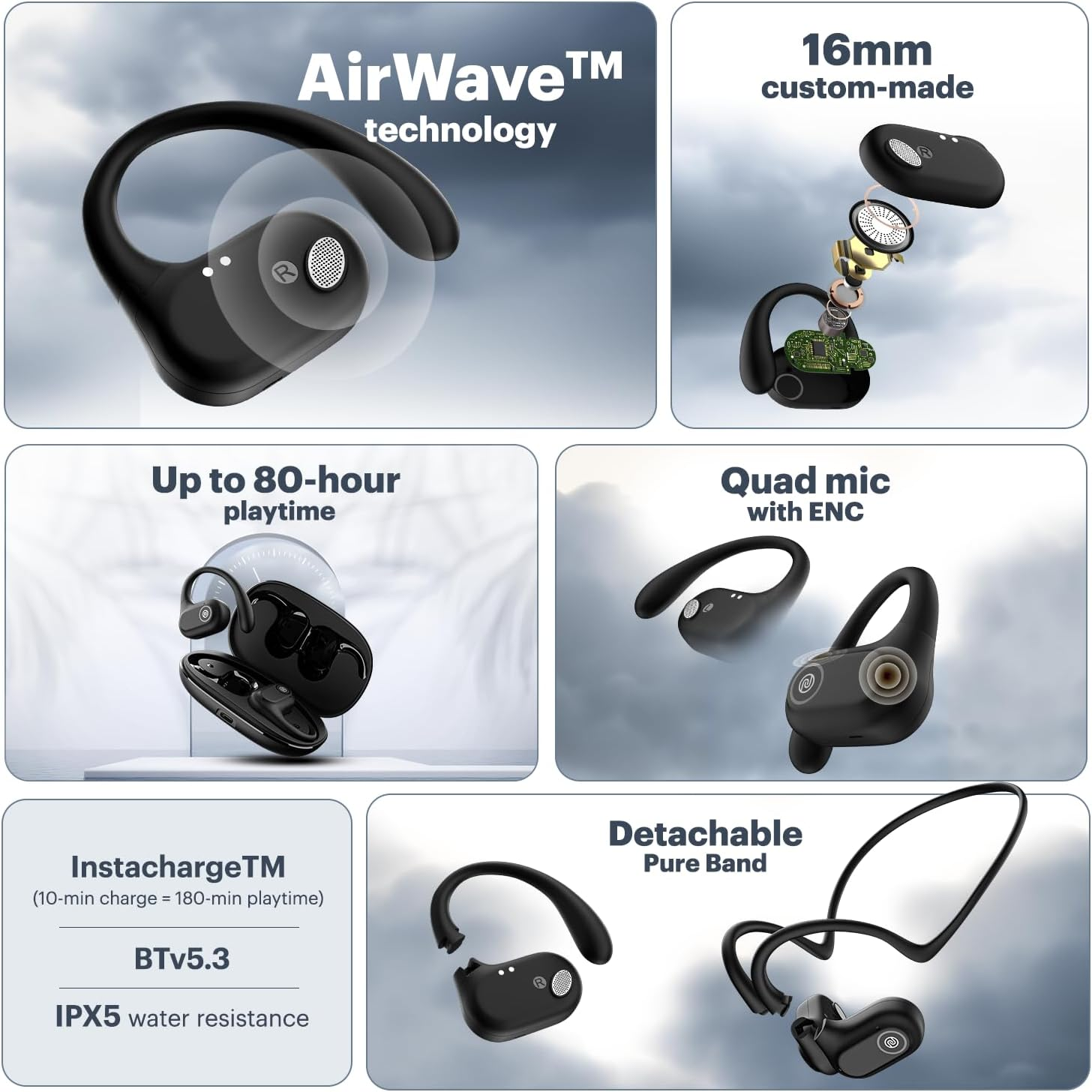 Noise Pure Pods Wireless Open Ear Headphones with Airwave&trade; Technology, up to 80 Hours Playtime, Quad Microphone with ENC, 16Mm Neodymium Dynamic Driver, Detachable Pure Band, Btv5.3 (Power Black) image number 3