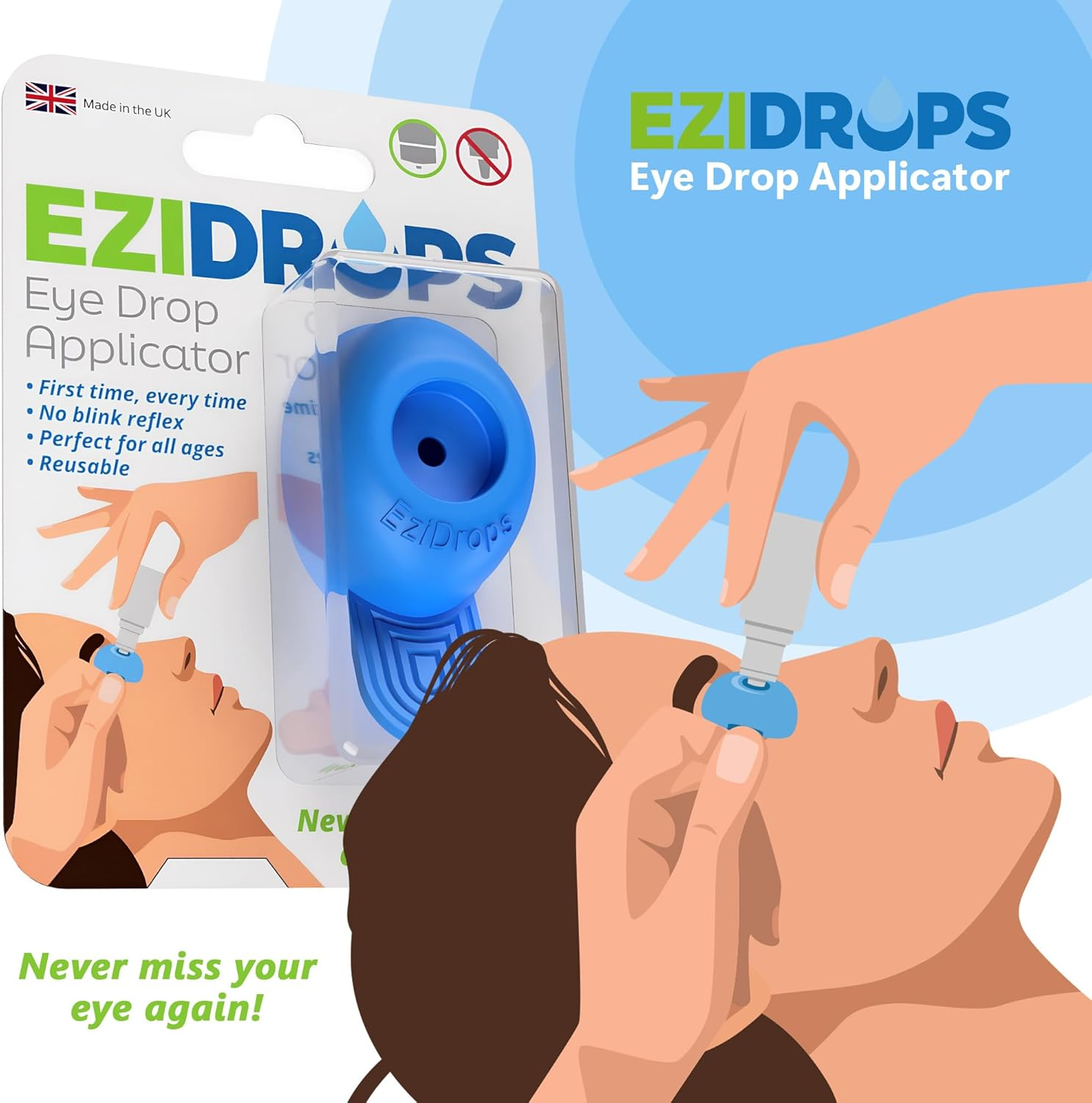 Ezidrops Eye Drop Dispenser - Suitable for Wide/Flat Head Bottles Only - No More Involuntary Blinking and Fluids Wastage! - Reusable Easy Eye Drop Applicator from Young Children to Elderly (Blue) image number 1