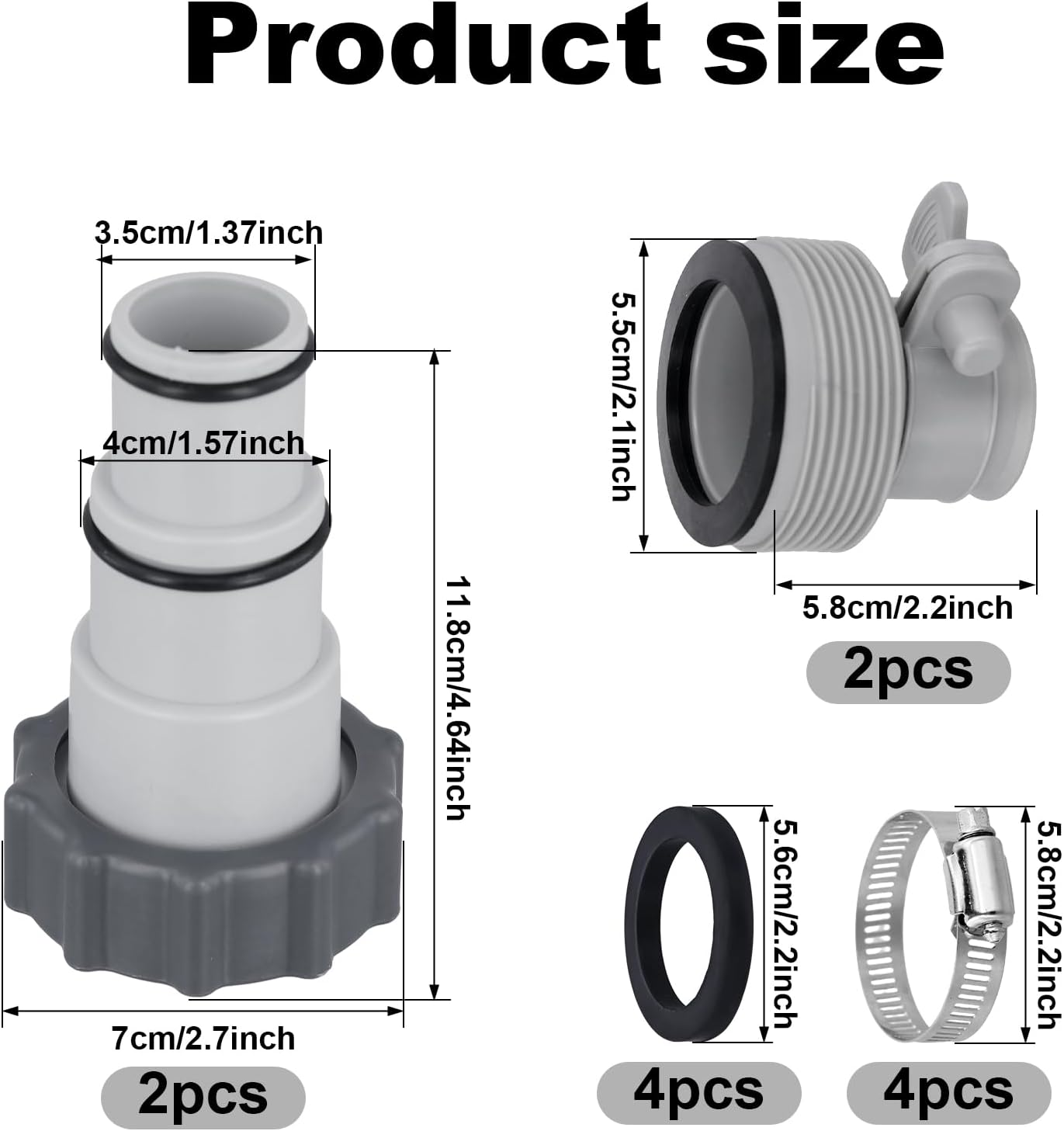 NQEUEPN 4Pcs Pool Hose Adapter Kit, Pool Swimming Pool Accessories for 2 3/8Inch External Thread 1 1/4 or 1 1/2 Inch Hose Stainless Steel Replacement Parts Fits for Intex Filter Pumps image number 2
