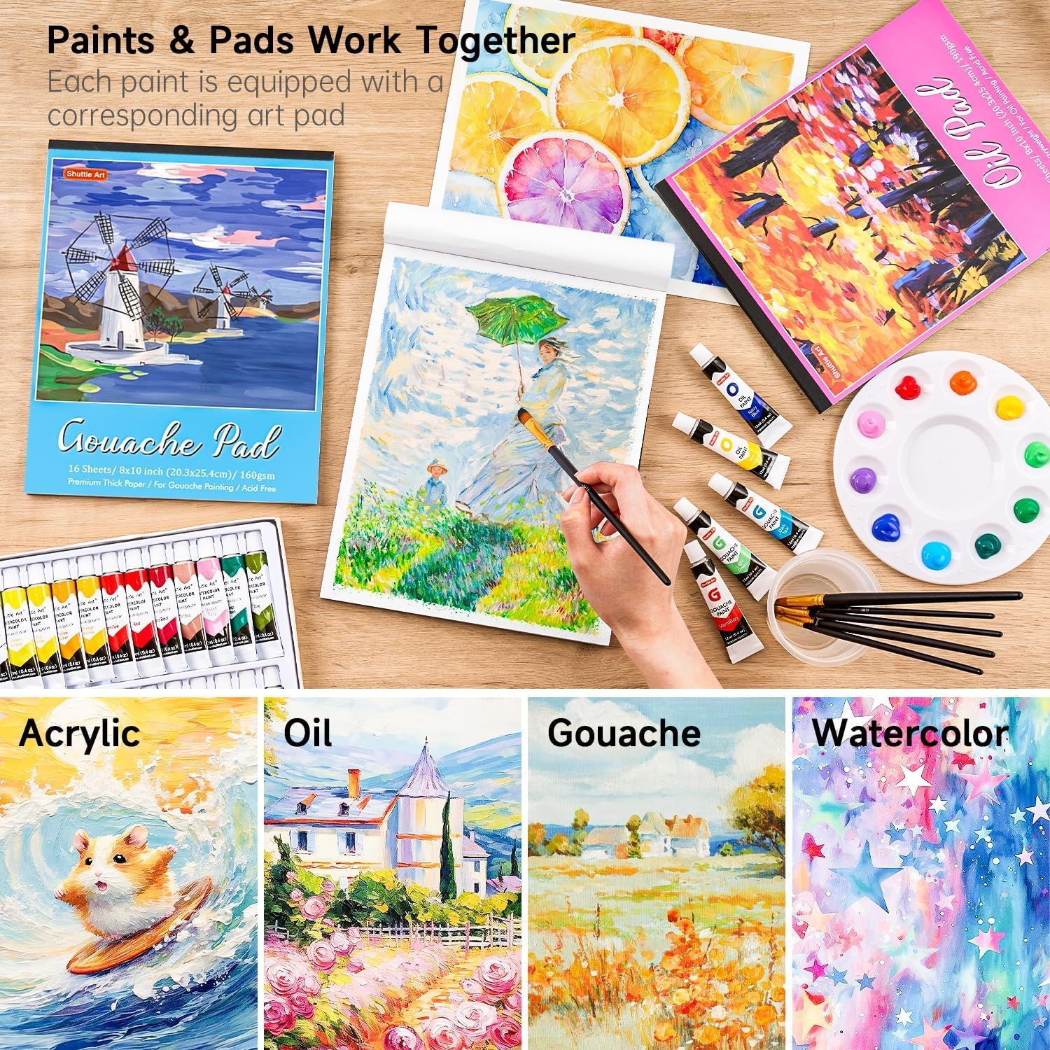 Shuttle Art 65 Pack Acrylic Paint Set with Wooden French Easel Box, Mixed Media Artist Art Set with 30 Colours, Blank Canvas, Brushes, Professional Painting Set for Adults, Teenagers image number 5