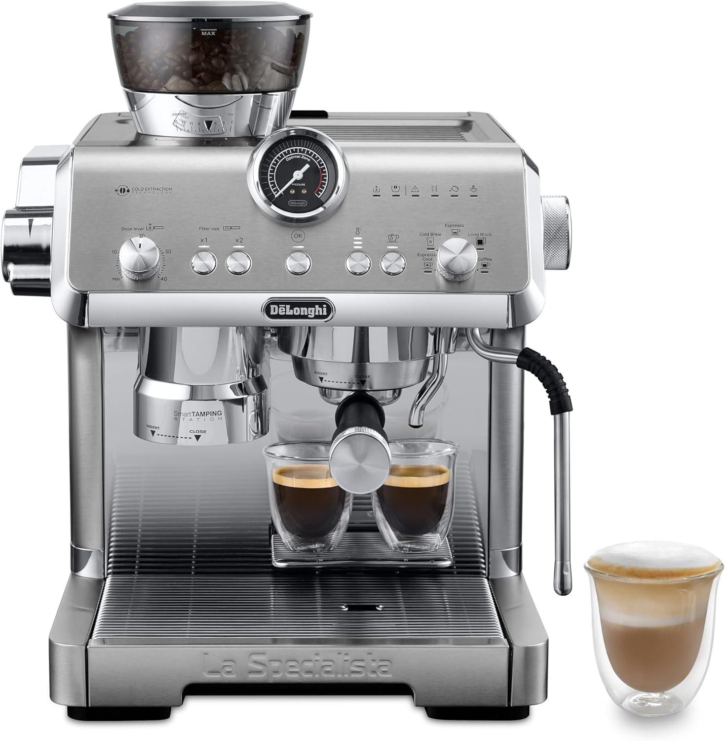 De'Longhi La Specialista Opera Manual Espresso Coffee Machine EC9555.M, Smart Tamping Station, 15 Grind Settings, Cold Brew Function, Latteart Steam Wand, Includes Milk Frothing Jug, Metal