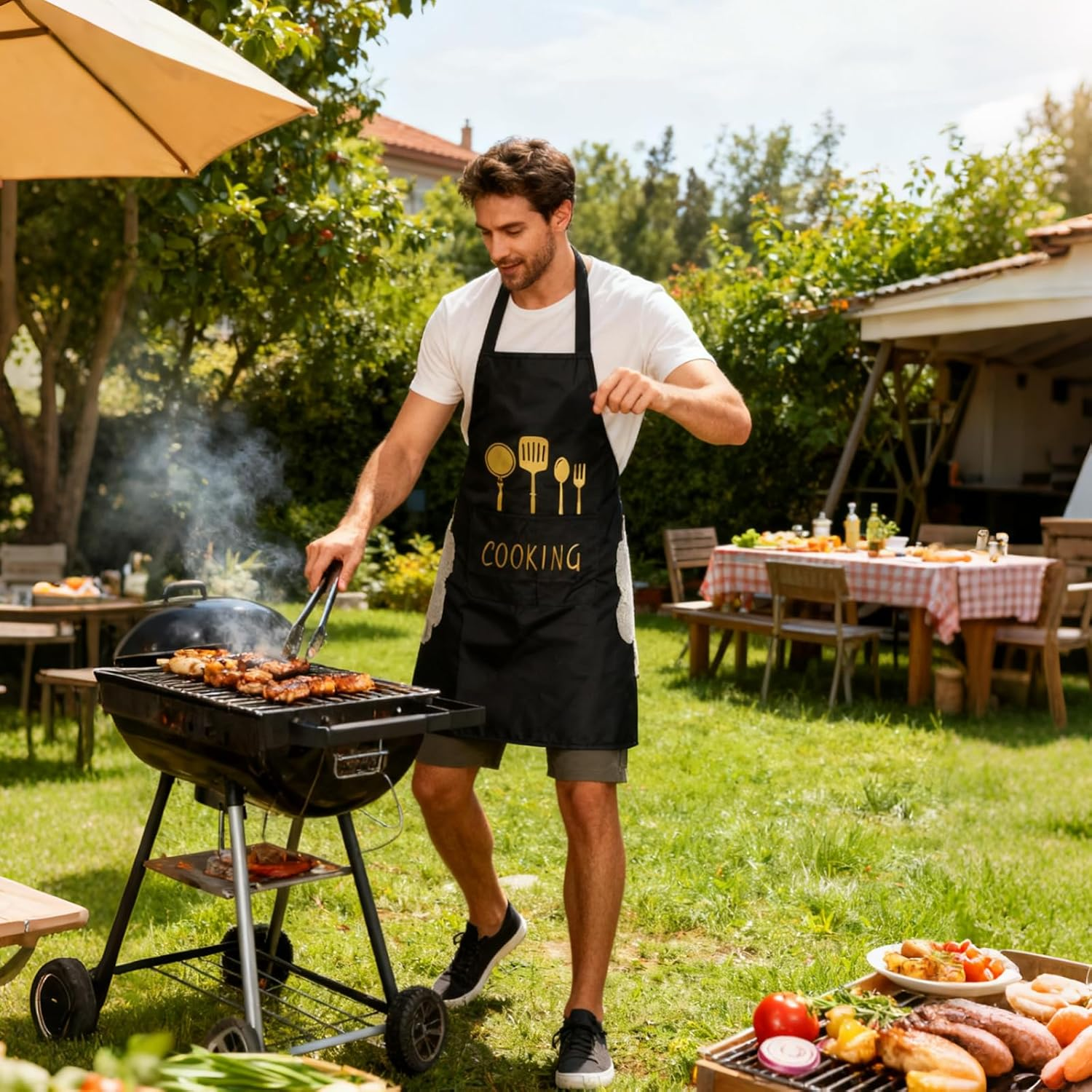 DILLMAN Women Kitchen Apron with Hand Wipe Pockets，Big Pocket,Hand-Wiping, Waterproof for Cooking Baking, Black + White - Blue image number 3