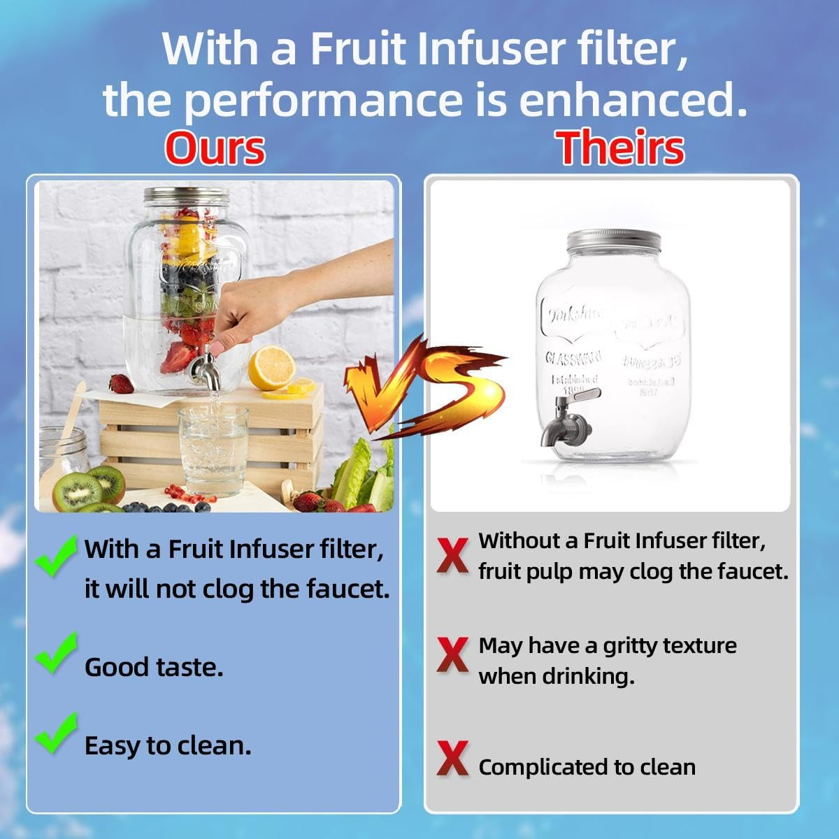 9SHOME 5L Glass Beverage Dispenser with Stand, Drink Dispenser with Stainless Steel Spigot, 1 Gallon Wide Mouth Mason Jar Container for Juice, Lemonade, Soda, Cocktail, Wine, with Fruit Infuser