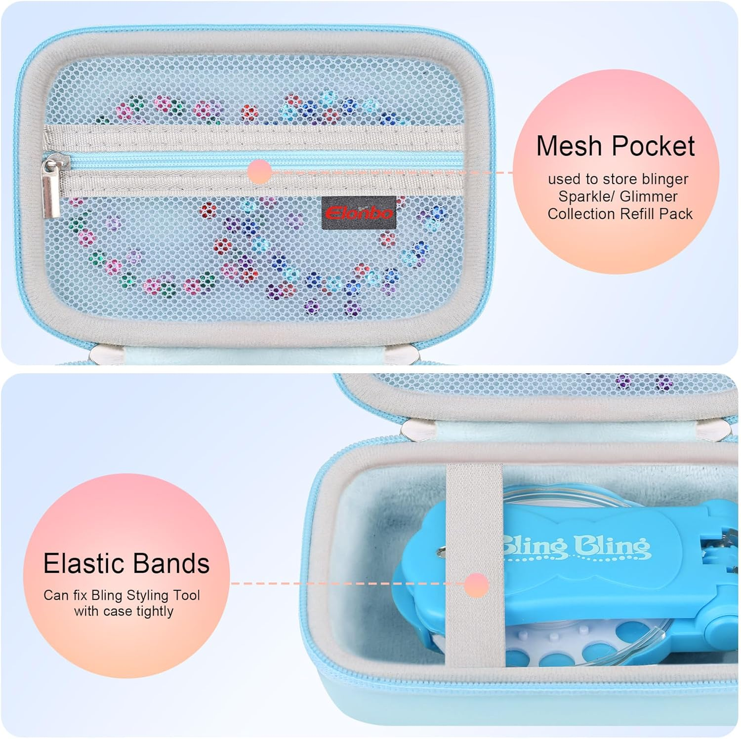 Elonbo Carrying Case for Blinger Dazzling Starter Kit,Blinger Kids Glam Collection Starter Kit Storage Bag,Kids Hair Styling Tool Travel Organizer Holder,Pocket Fits Gems Rhinestones. Blue