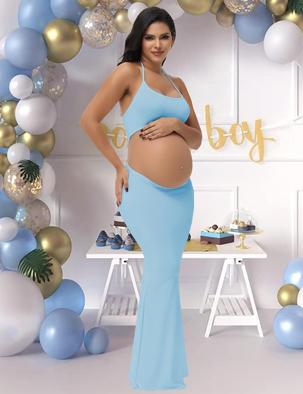 Justvh Women'S Maternity Cut Out Backless Bodycon Dress Halter Maxi Photography Pregnancy Dress for Photoshoot Baby Shower image number 2