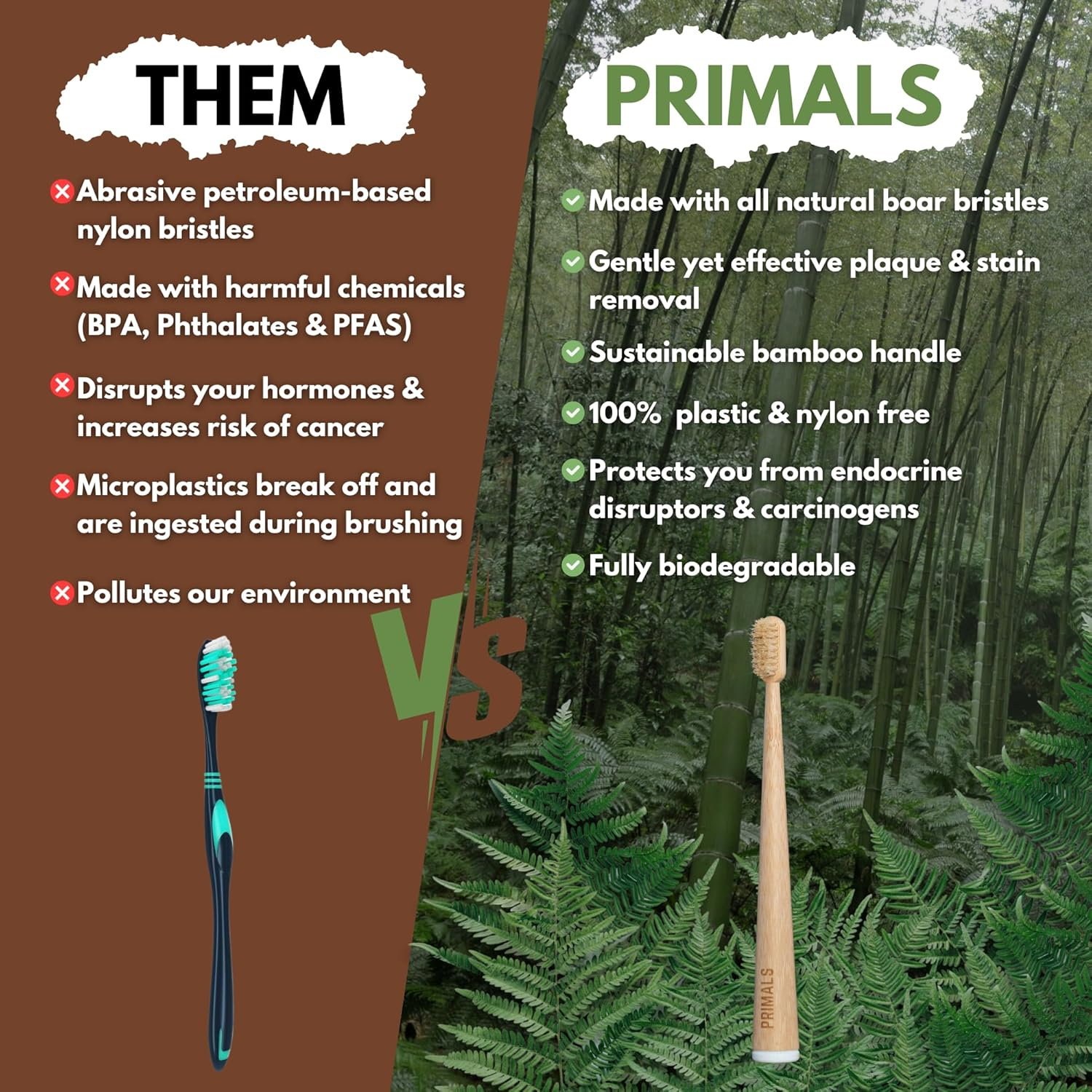 PRIMALS Boar Bristle & Bamboo Toothbrush (4-Pack) - 100% Real Boar Bristles - Plastic & Nylon Free image number 2