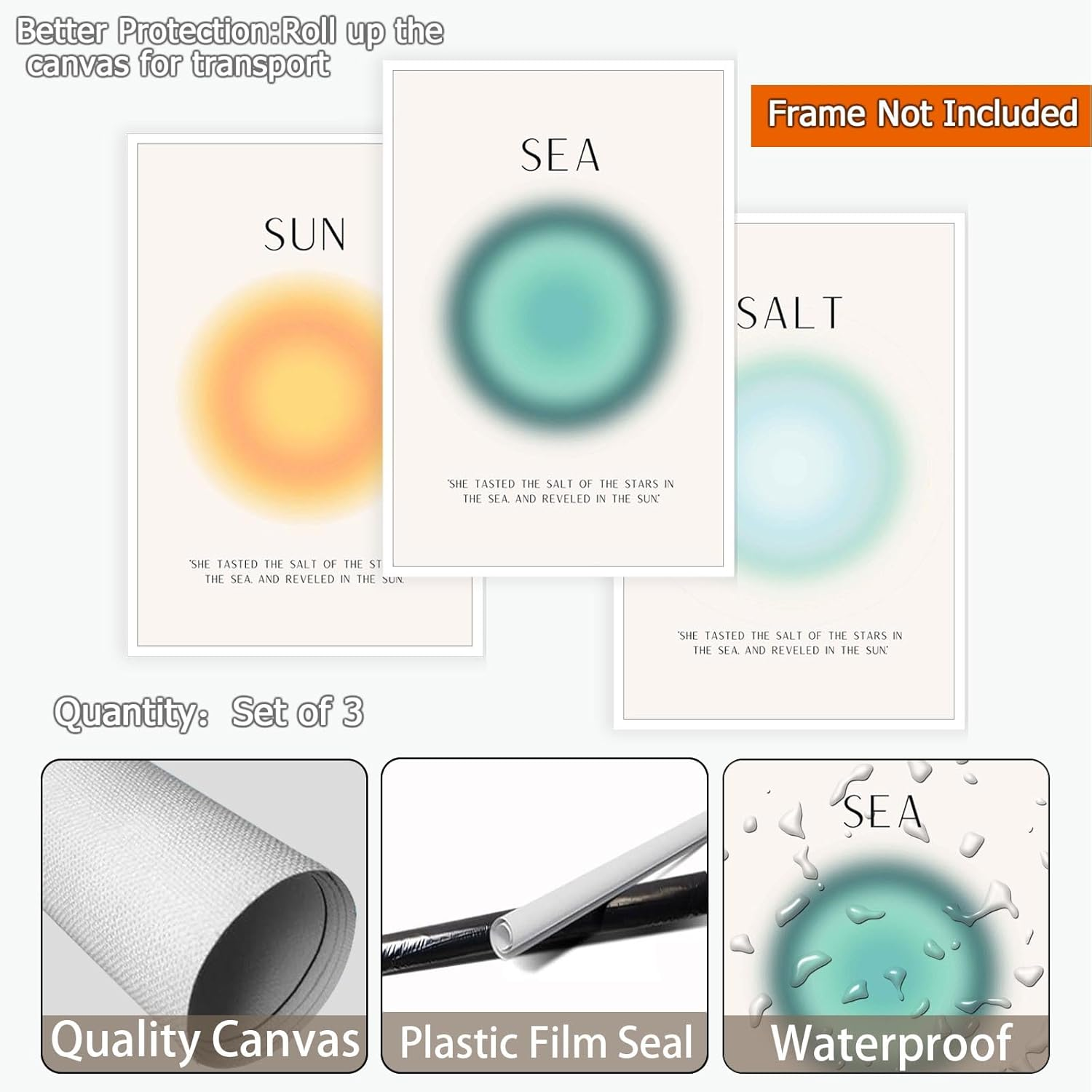 Sun Salt and Sea Aura Posters Coastal Canvas Wall Art Minimalist Beach Prints Trendy Ocean Beachy Colorful Abstract Aura Mind Body Soul Aesthetic Decor Bedroom Yoga 3 Set 12X16In Unframed image number 2