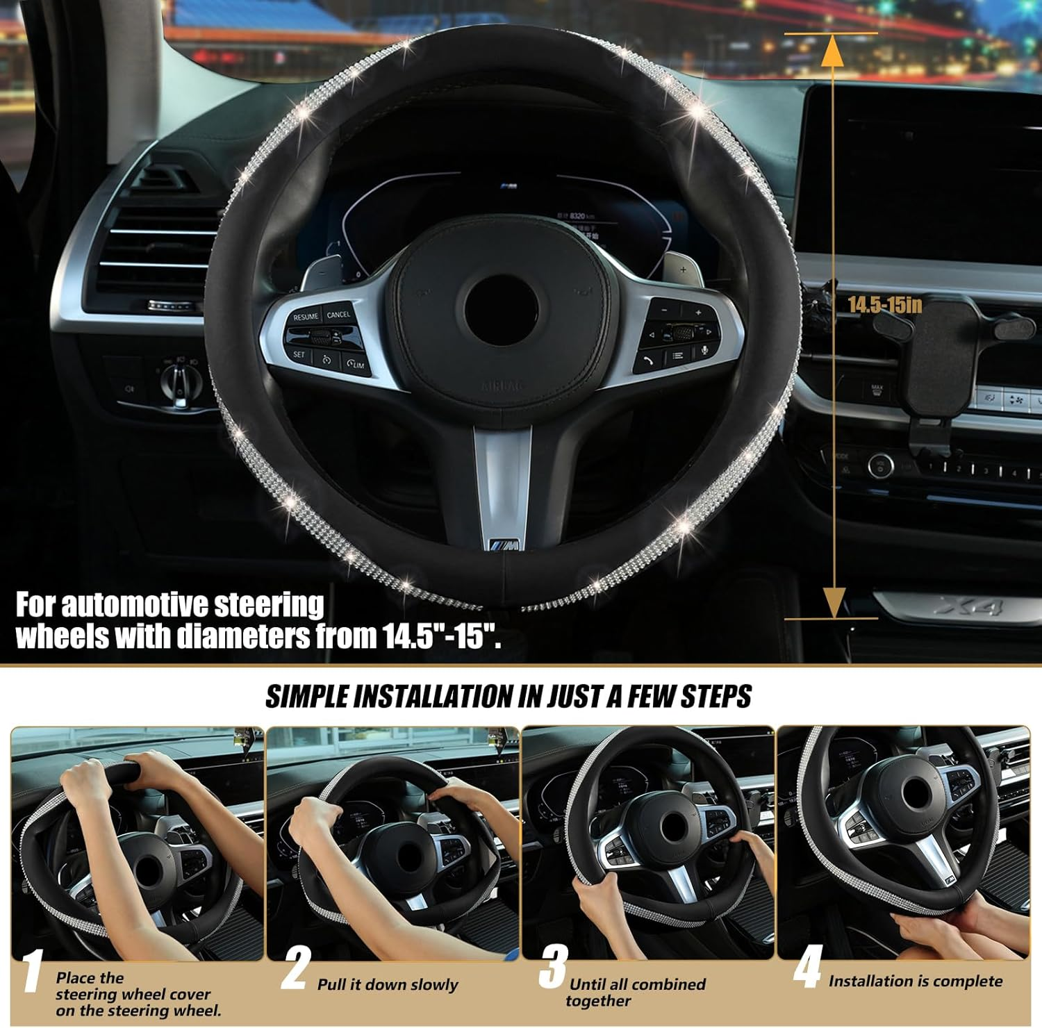 New Diamond Leather Steering Wheel Cover with Bling Crystal Rhinestone, Delicate and Anti-Slip Sparkly ，Fit 14" 1/2-15" Car Wheel Protector for Women Girl ，Black & White Diamond - Black+Pink image number 3