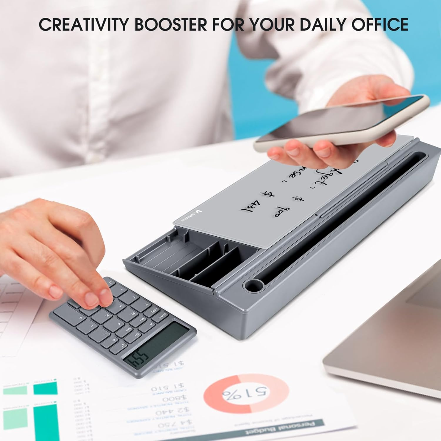 Varhomax Glass Desk Whiteboard Gray with Calculator, Desktop Organizer Dry Erase White Board with Storage, to Do List Memo Notepad for Home Office and School Supplies image number 4