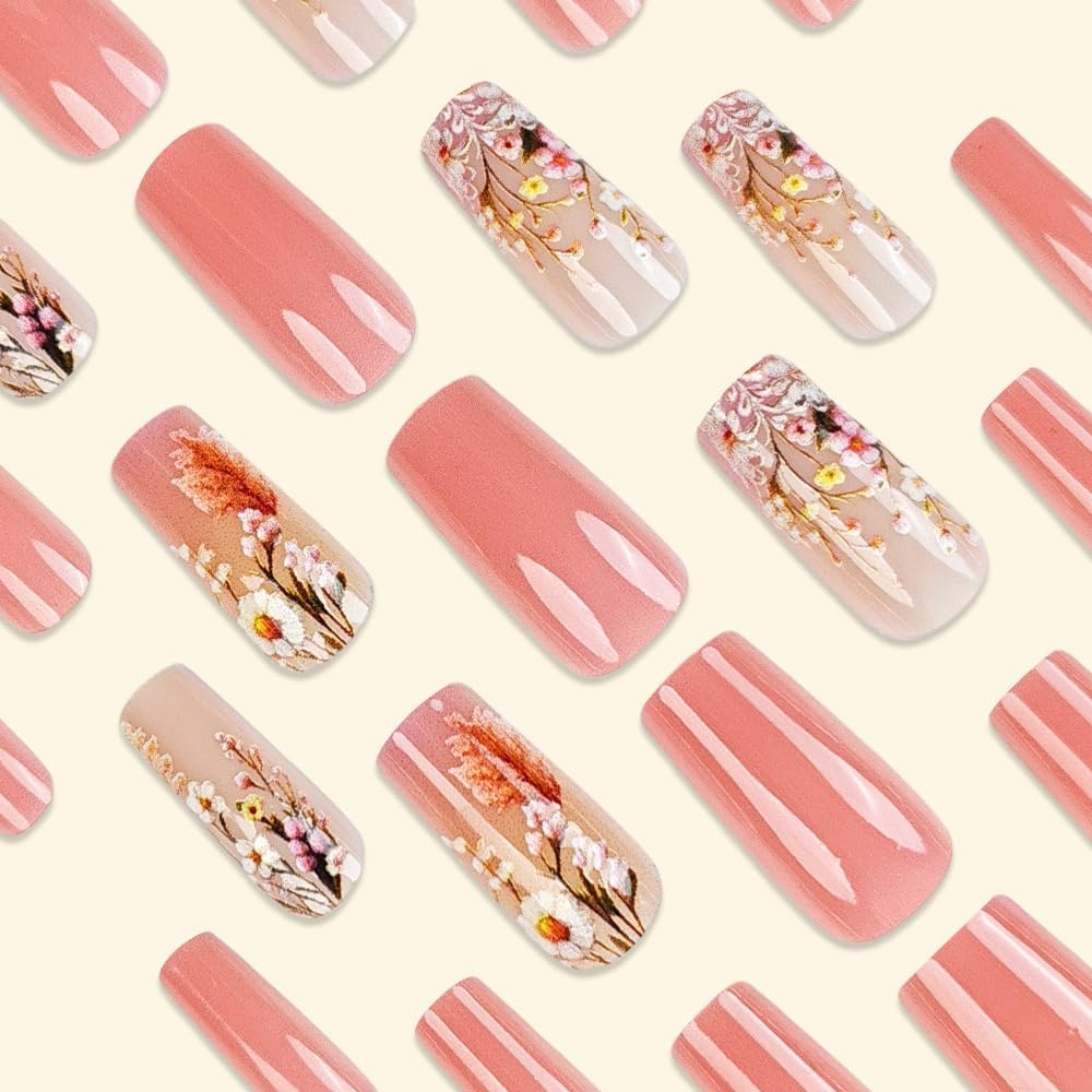 Press on Nails, Rustic Flower Fake Nails, Artificial Nails for Women and Girls -24 Pcs image number 4