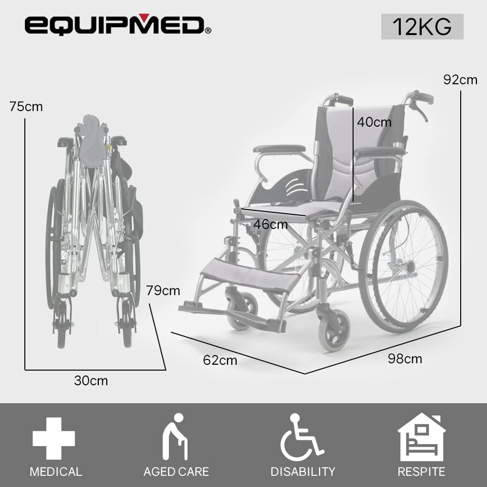 "Equipmed Folding Wheelchair 20 Inch Aluminium Portable Lightweight Wheel Chair with Park Brakes and Padded Armrests, 100Kg Capacity, Grey/Black"