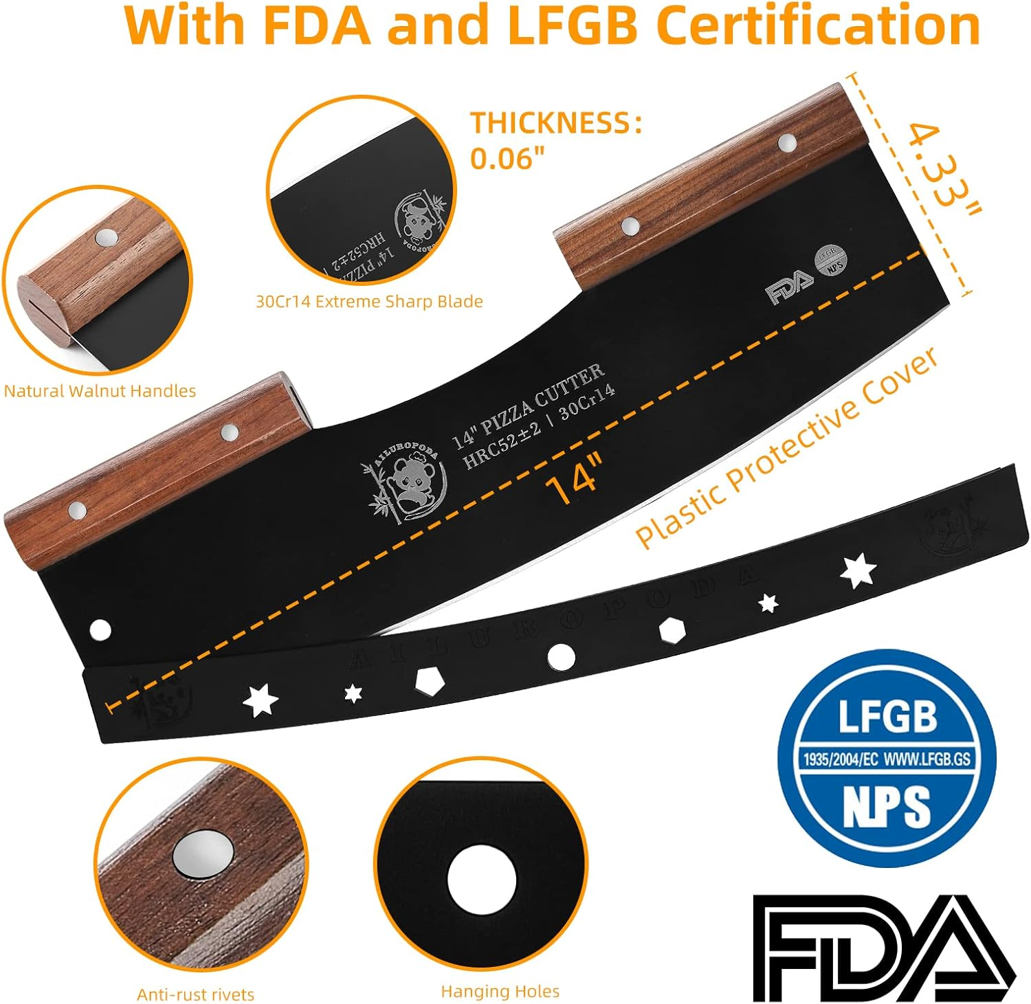 AILUROPODA Pizza Cutter 14" Large Blade Rocker Very Sharp Pizza Slicer 30Cr14 Stainless Steel Pizza Knife with Comfort Grip Walnut Handle and Protective Cover(Black) image number 1