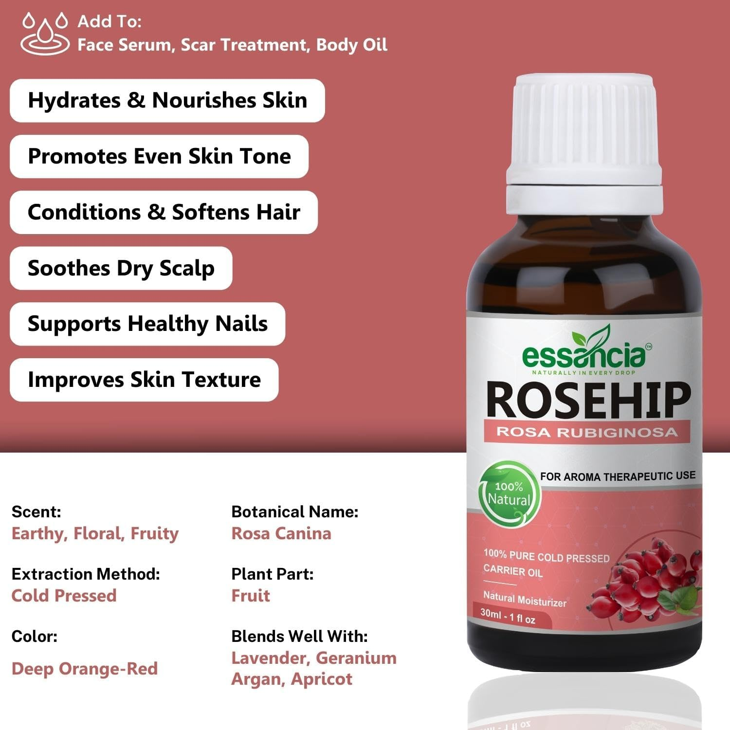Essancia Rosehip Carrier Oil for Face Glow, Hair Growth, Acne, Skin Care, Healthy Nails, Wrinkles, Lips, & Radiant Skin. 100% Natural, Organic, & Pure Cold Pressed Carrier Oils. image number 1