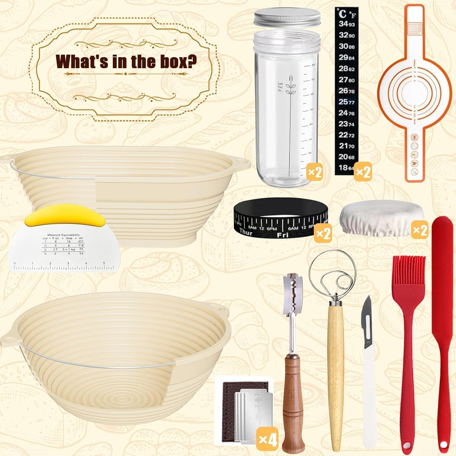 Set of 17 Sourdough Starter Kit, 2 Sourdough Starter Jar and 2 Banneton Proofing Basket, Silicone Baking Mat, Sourdough Bread Baking Supplies image number 1