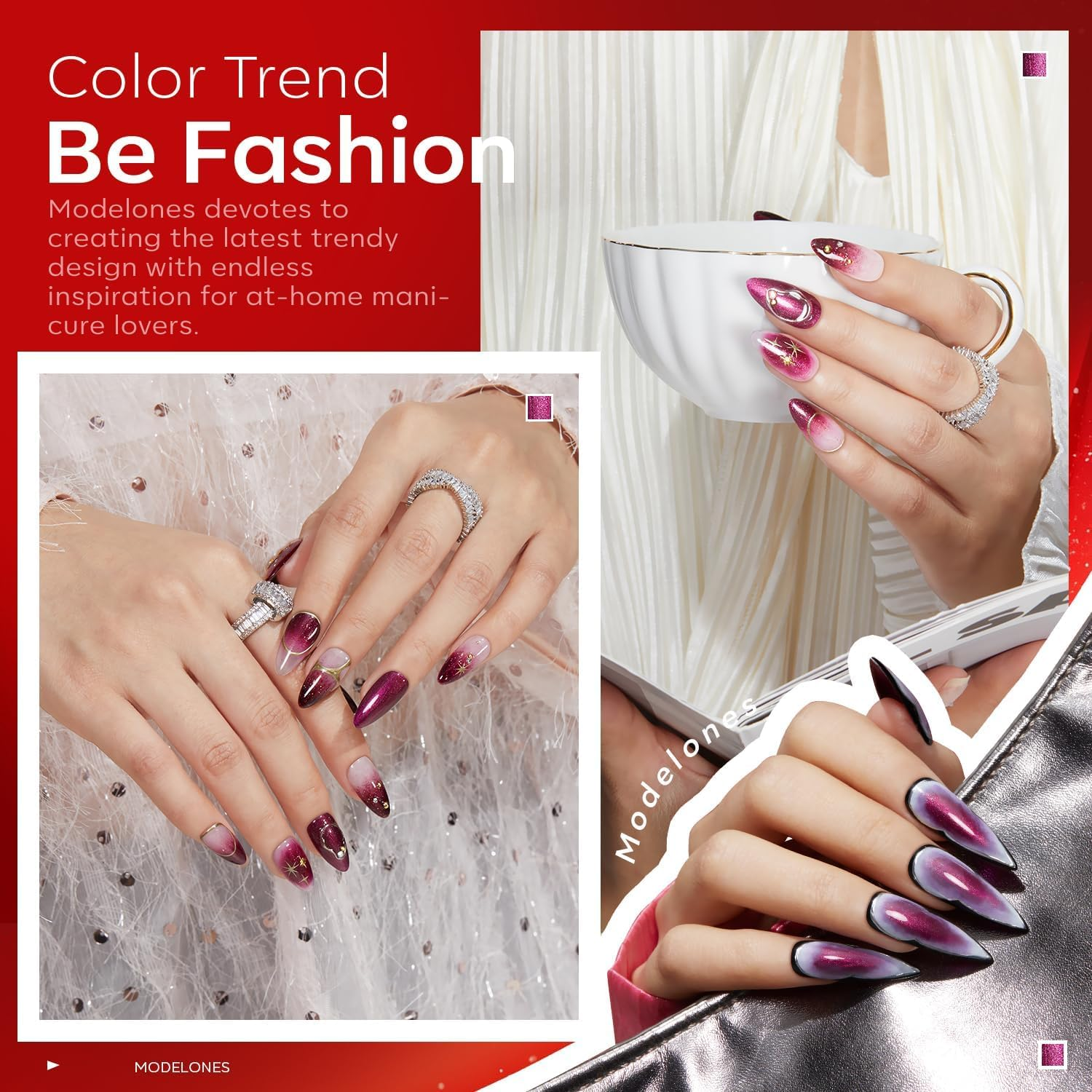 Modelones Gel Nail Polish Set, 6 PCS Red Burgundy Purple Glitter Gel Polish Winter Colors Cat Eye Chameleon Shimmer Christmas Soak off LED Nail Art Gel Nail Kit Manicure Salon DIY Nails Gift image number 1