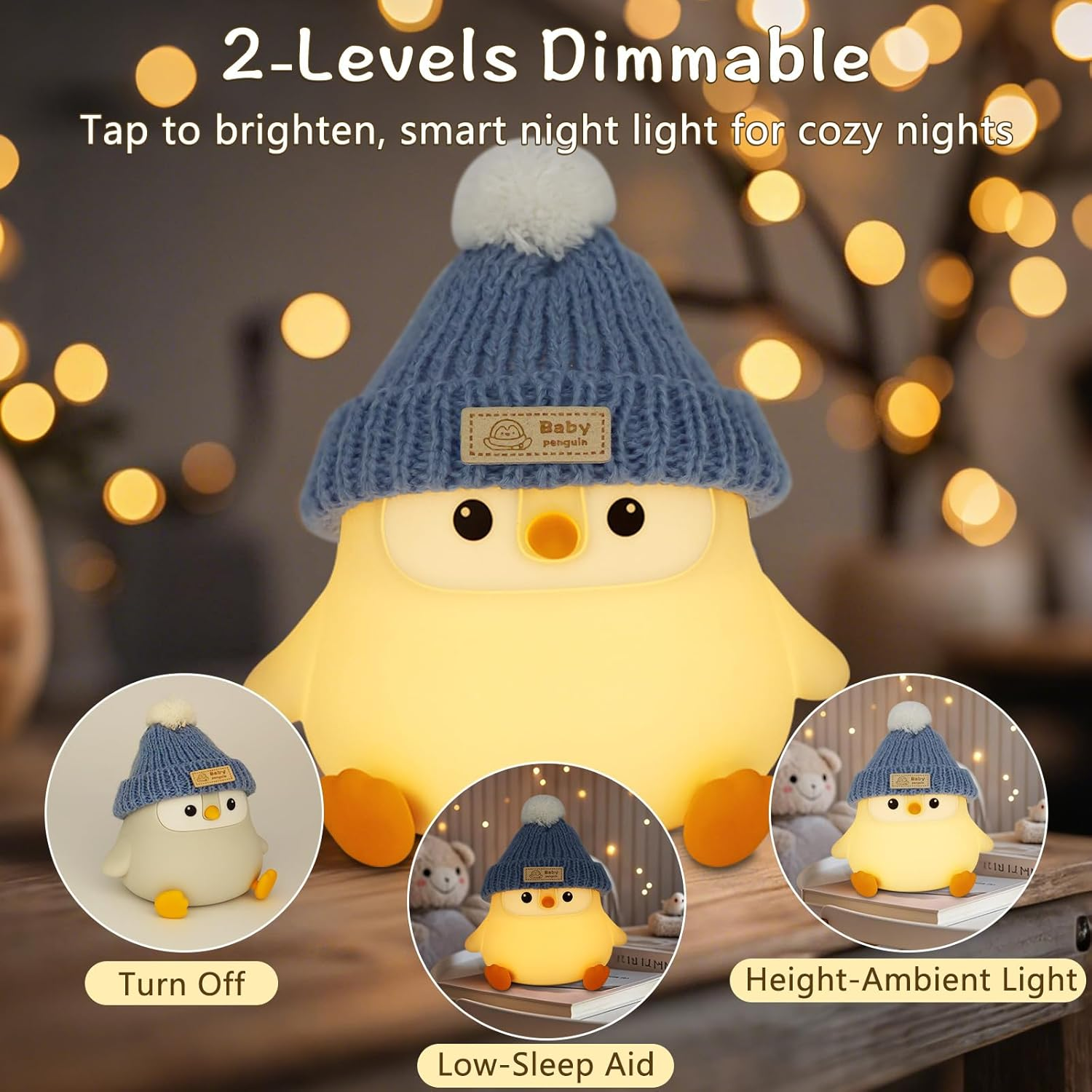 FAMIDUO Penguin Lamp with Knit Hat,Kawaii Penguin Night Light,Food Grade Silicone,Dimmable Nursery Nightlight,Led Squishy Novelty Animal Lamp,Kids Room Decor,Funny Gifts for Kids Boys Girls Baby image number 1