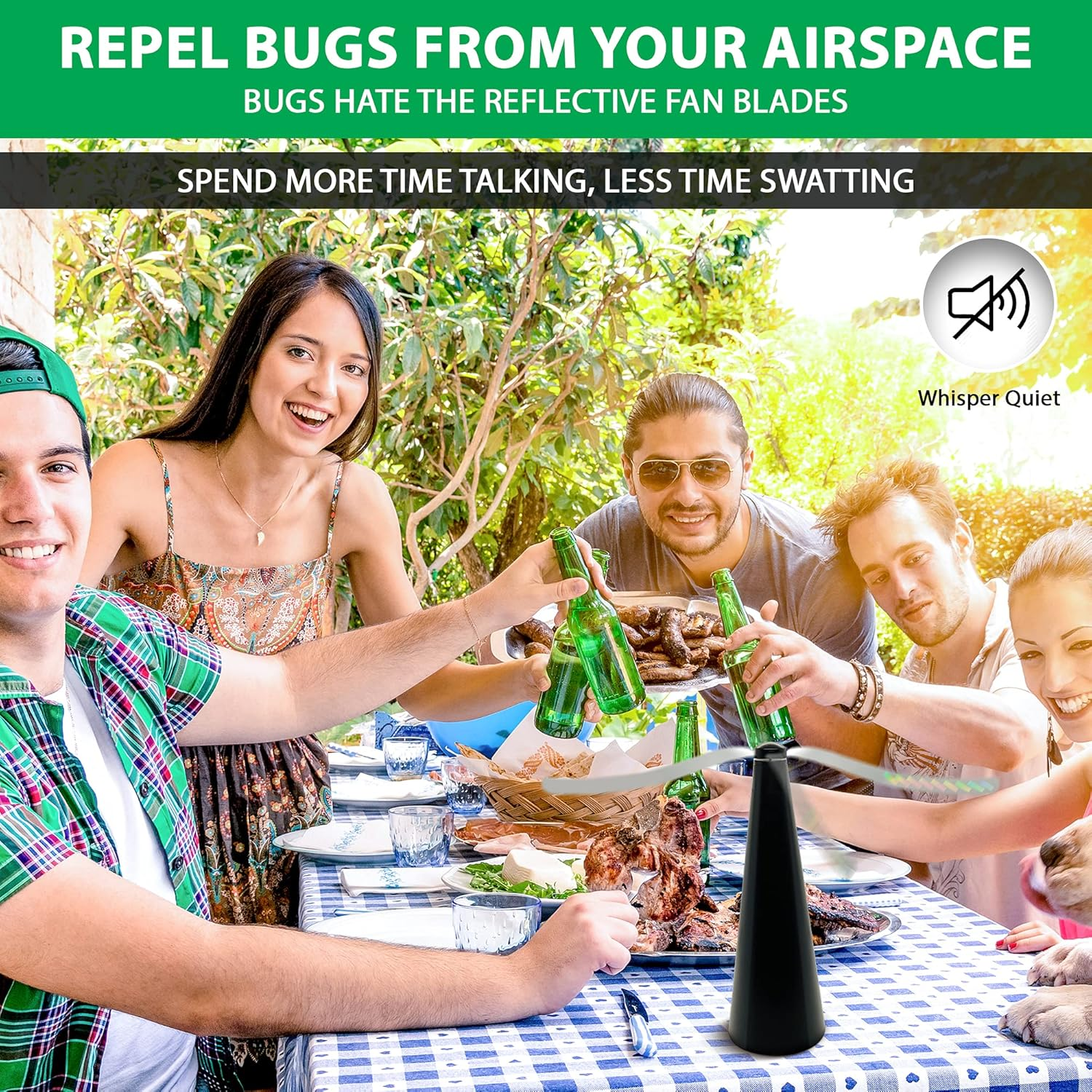 Fly Away - Outdoor Fly Repellent Fan, outside or inside Table Use, Restaurant, Barbeque, Events, Deter Flies, Mosquitos, Other Moscas and Bugs Away, Battery Operated, Tabletop, Hanging Hook. (2) image number 2