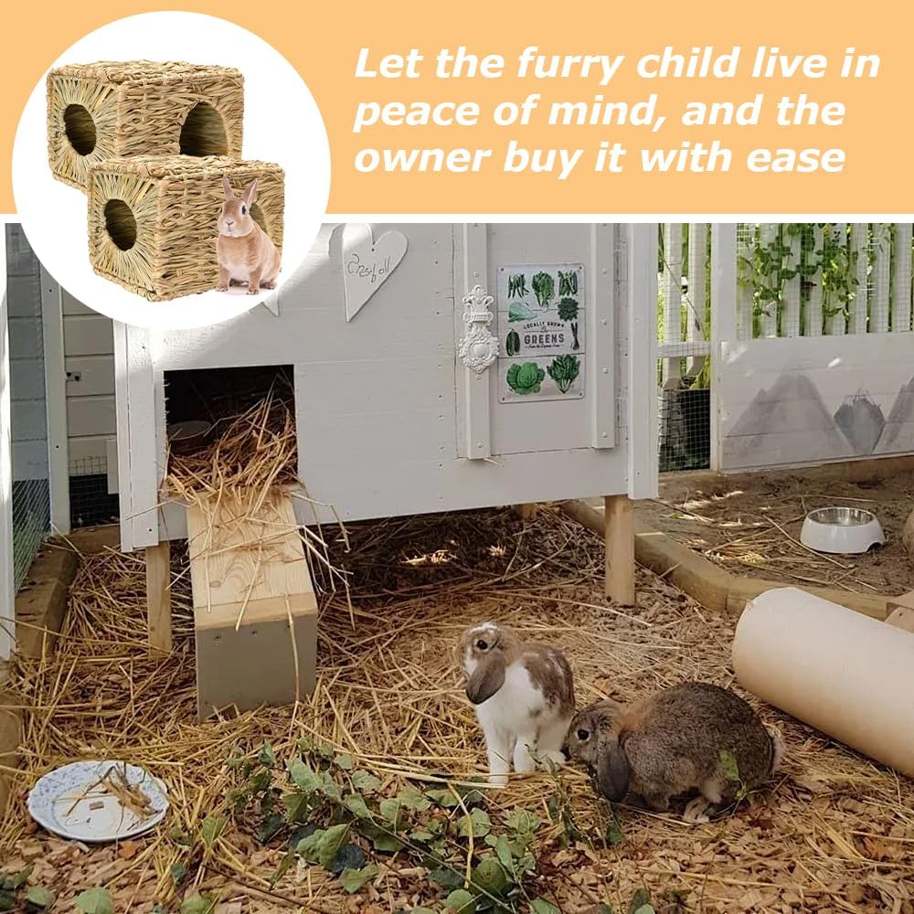 2 Pcs Foldable Grass Woven Animal House/Edible Bunny Hut,Natural Hand Woven Rabbit Cage & Seagrass Hay Bed, Grass House for Rabbit,Totoro,Guinea Pig image number 3