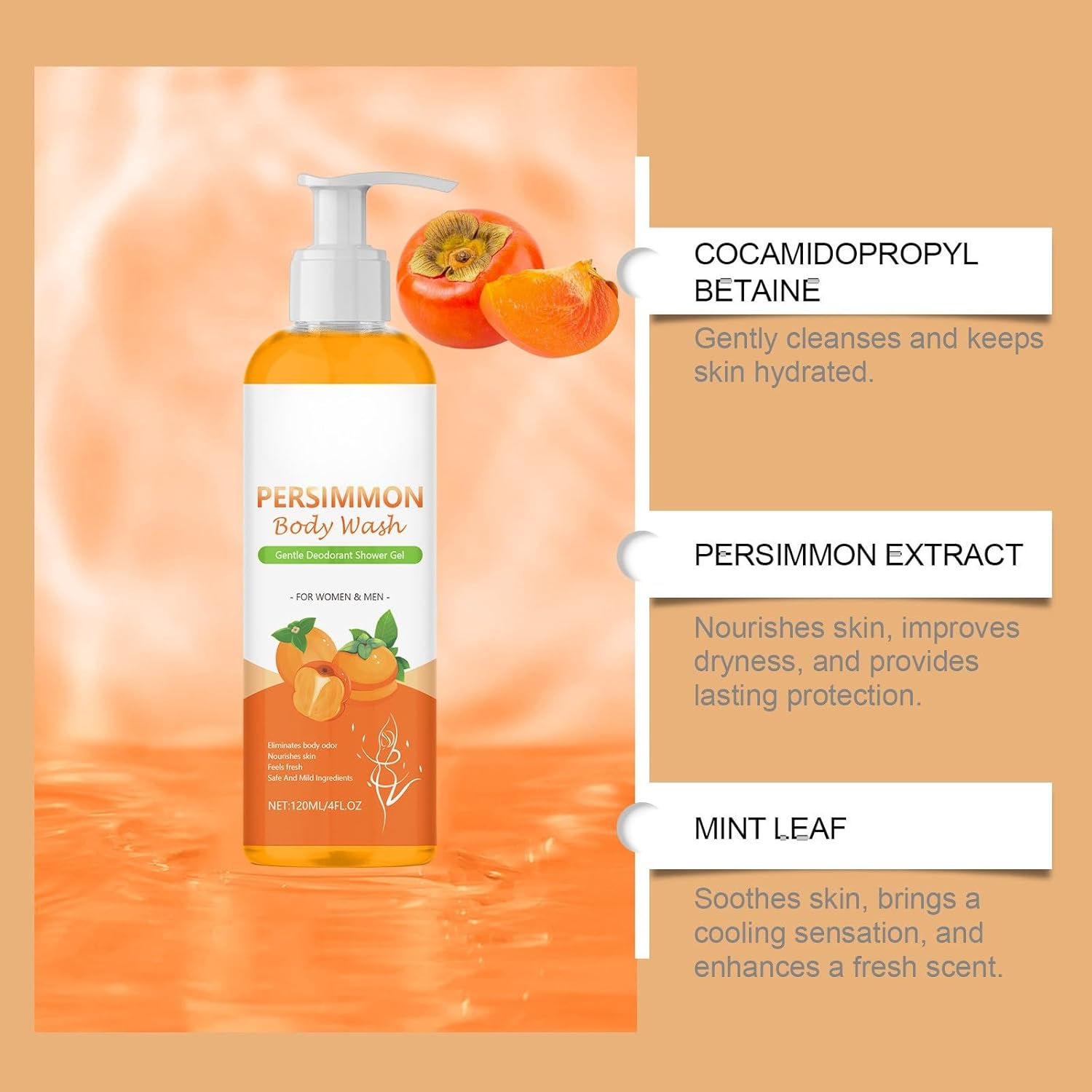 Persimmon Body Soap Wash &ndash; Natural Japanese Persimmon Extract, Deodorising Body Cleanser for Body Odour, Gentle and Moisturising Formula for Sensitive Skin, Men and Women (4Pc)