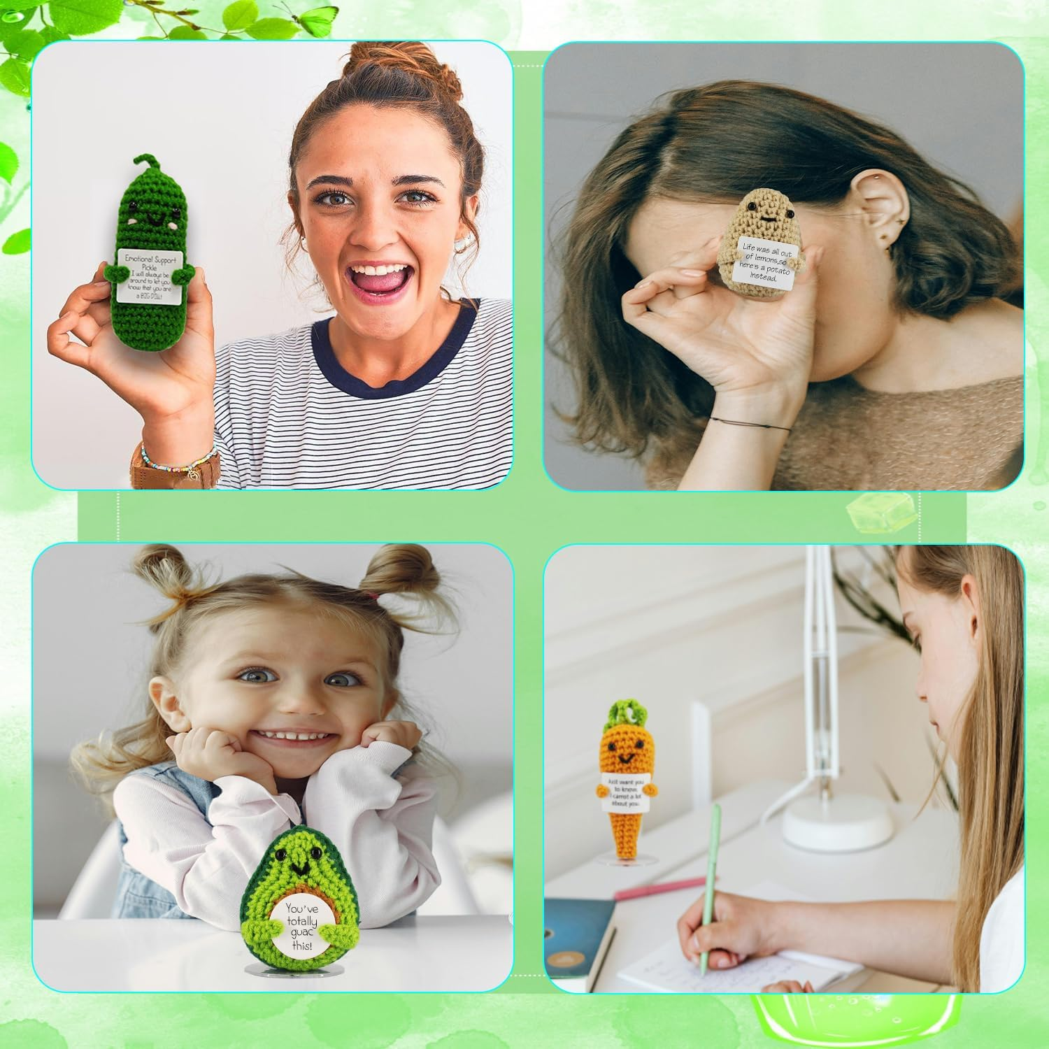 SZMDLX Positive Crochet Potato Cucumber Avocado Carrot, 4PCS Emotional Inspirational Support Cute Stuff, Home Desk Decoration, Funny Handmade Crochet with Positive Card, Encouragement Friends